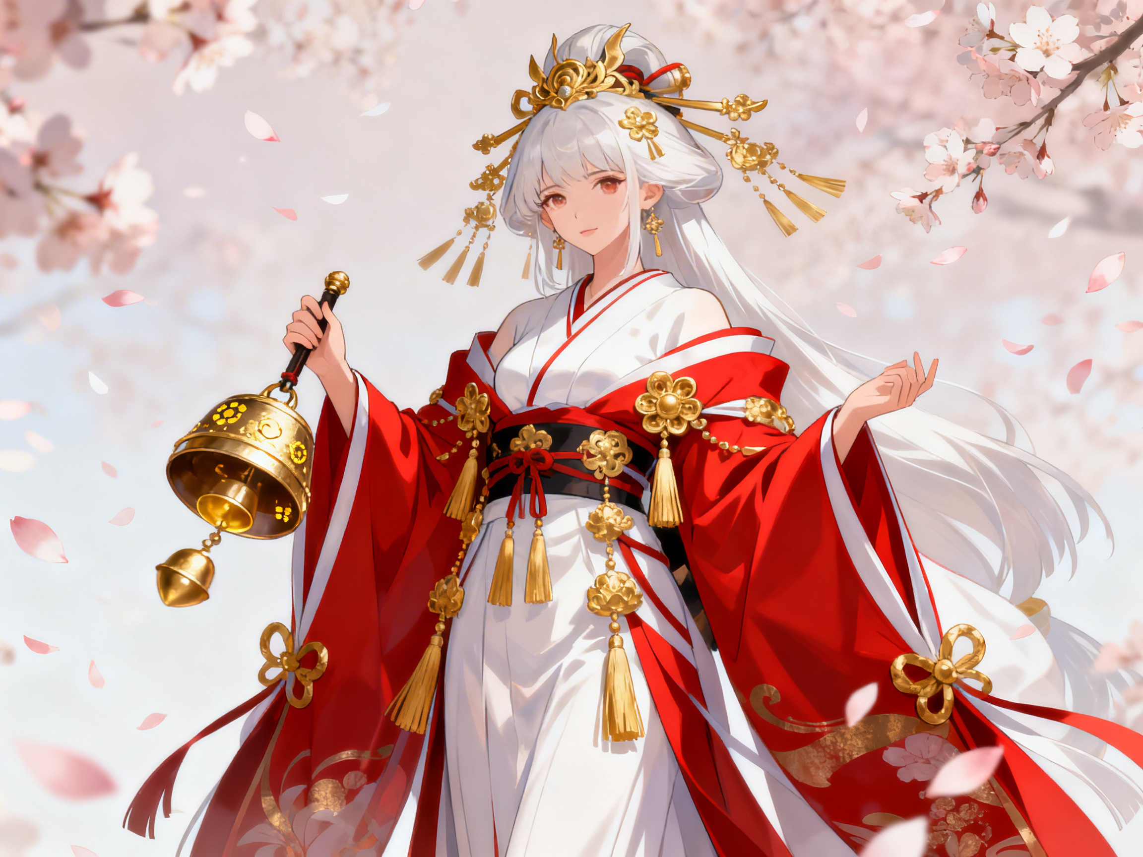 图中展现了一位具有二次元动漫风格的白发少女，她身处漫天飞舞的粉色樱花之中。少女面容清秀，拥有一双红色的眼眸，头戴极其华丽且复杂的金色发饰，长长的白发随风飘动。她穿着一套以红、白、黑三色为主的改良式和服，腰间系有精致的金色流苏和结饰，整体色彩明亮且富有节日氛围。她右手高举着一把带有金色铃铛的法器，左手自然舒展，背景是虚化的樱花树林，营造出一种唯美、梦幻的意境。

在 AI 生成细节方面，画面存在几处明显的逻辑缺陷：最突出的是少女的右手，握住铃铛手柄的手指数量和结构显得混乱，指节连接不自然；左手的手指线条也略显生硬，缺乏真实的骨骼感。此外，她头顶的发饰虽然华丽，但部分金属构件的透视关系模糊，仿佛直接漂浮在头发上，缺乏明确的固定逻辑。尽管如此，整幅画作在光影处理和色彩搭配上依然保持了很高的视觉吸引力。