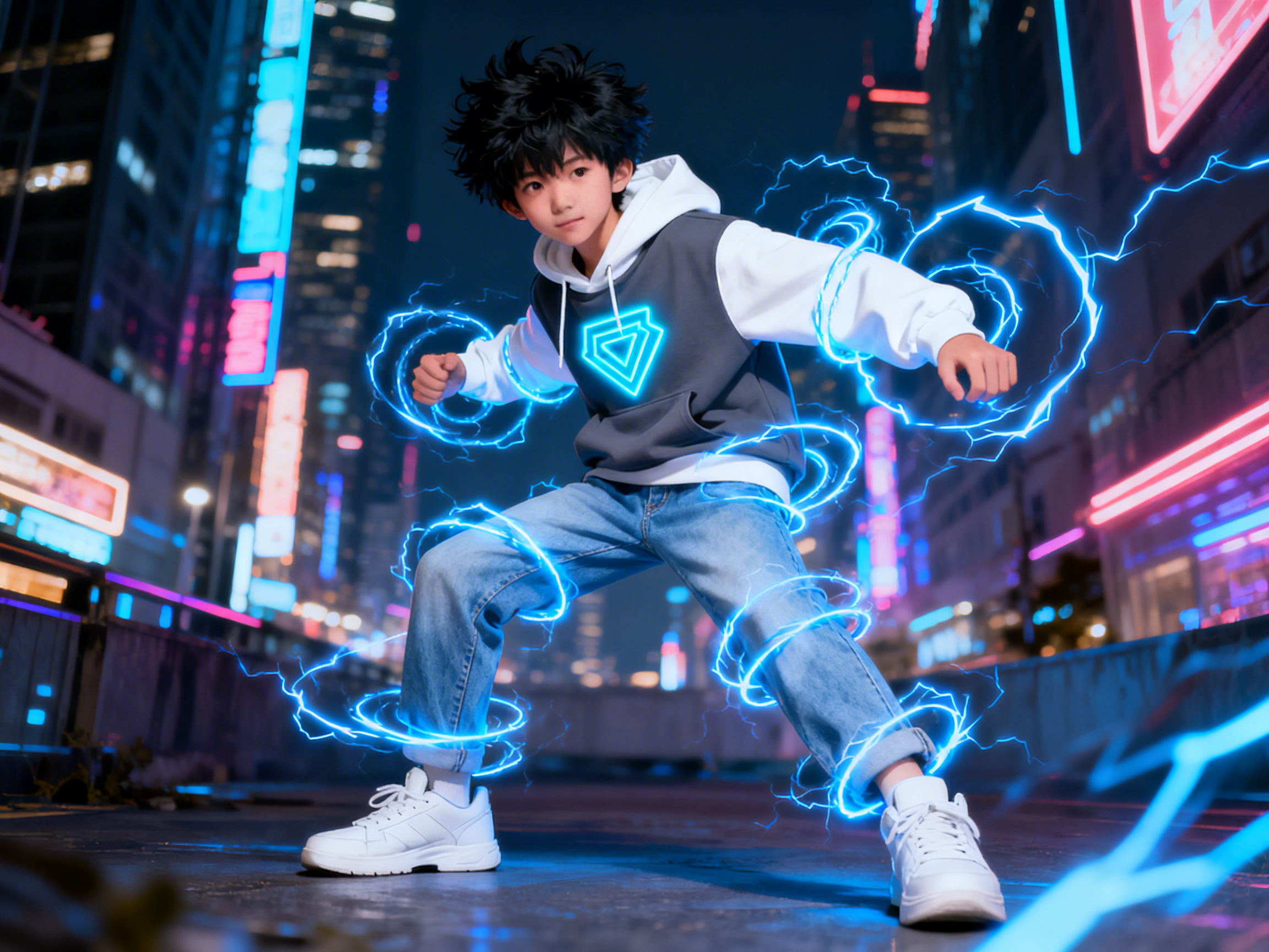图中展现了一位拥有超能力的少年，正站在充满赛博朋克风格的都市夜景街道中心。少年留着蓬松的黑色短发，身穿一件灰白相间的连帽卫衣和浅蓝色牛仔裤，胸前有一个发光的蓝色三角形标志。他摆出扎马步的战斗姿态，身体四周环绕着多圈耀眼的蓝色闪电光环，仿佛正在释放强大的电流能量。背景是虚化的繁华城市，充斥着霓虹灯光和高楼大厦。画面色调以深蓝和亮蓝为主，营造出一种科幻而紧张的氛围。在 AI 生成细节方面，存在明显的逻辑缺陷：少年的右手手指结构模糊且扭曲，呈现出不自然的肉团状；左手手部比例略显僵硬；此外，环绕身体的闪电圆环与衣物的遮挡关系处理得不够自然，部分光效像是直接漂浮在身体表面，缺乏真实的物理空间感。