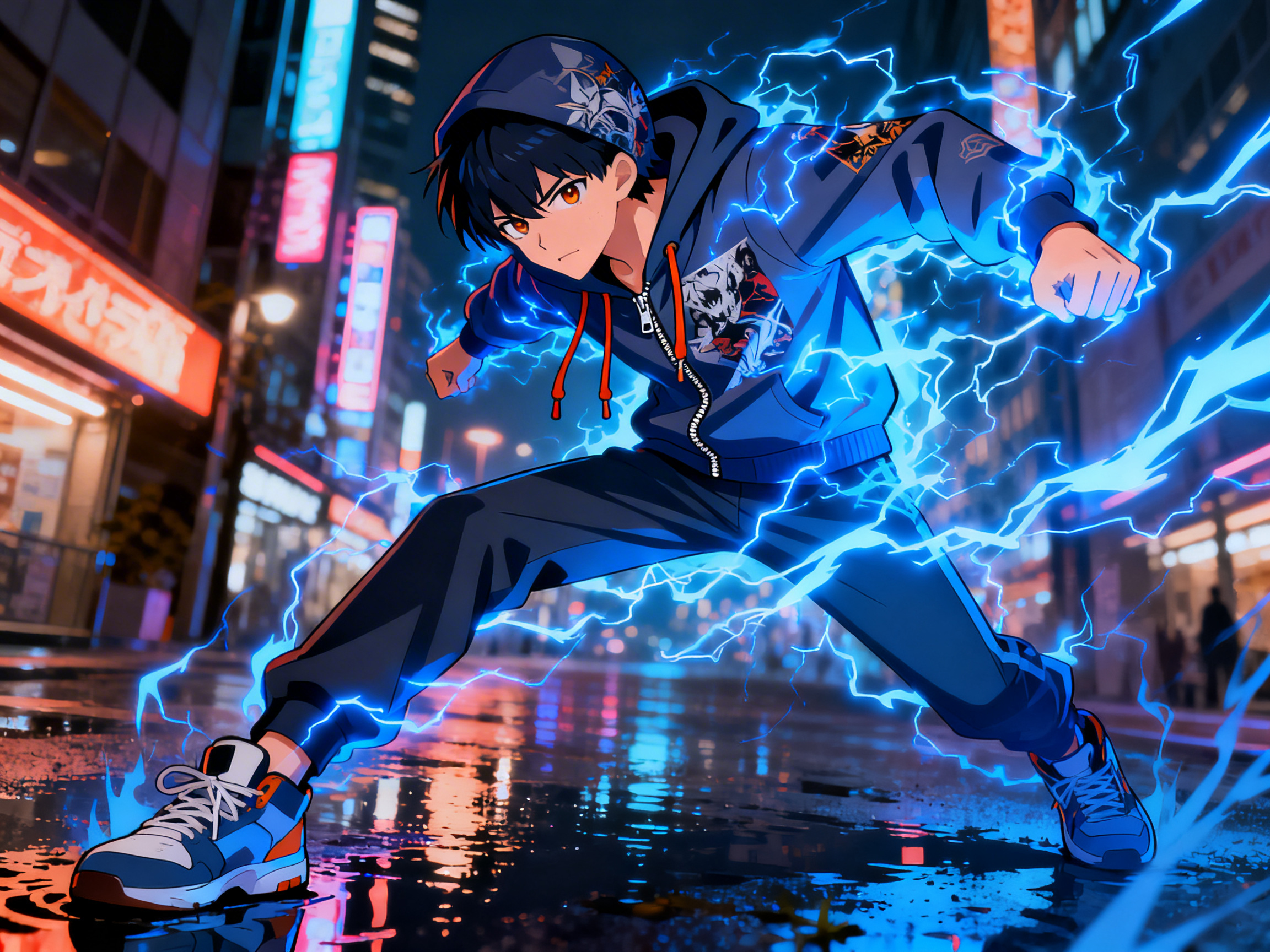图中展现了一位具有动漫风格的少年，他正身处夜晚霓虹闪烁的城市街道中心。少年留着黑色短发，眼神犀利，身穿一件深蓝色的连帽拉链卫衣和黑色运动裤，脚蹬蓝白相间的运动鞋。他摆出充满力量感的战斗姿态，身体微蹲，双拳紧握。最引人注目的是，大量亮蓝色的电光如蛇般缠绕在他全身，并向四周迸发，地面潮湿的积水倒映着霓虹灯光和蓝色的电流。背景是模糊的都市夜景，充满了红、蓝色的招牌灯光，营造出一种赛博朋克式的紧张氛围。

在 AI 生成的细节方面，画面存在几处明显的逻辑缺陷：少年的左手（画面右侧）拳头结构模糊，手指的关节连接显得生硬且不自然；卫衣正面的拉链在胸口处突然断开并错位，未能逻辑清晰地连接到领口；此外，背景中的霓虹灯招牌文字均为无法辨认的乱码符号，缺乏实际含义。