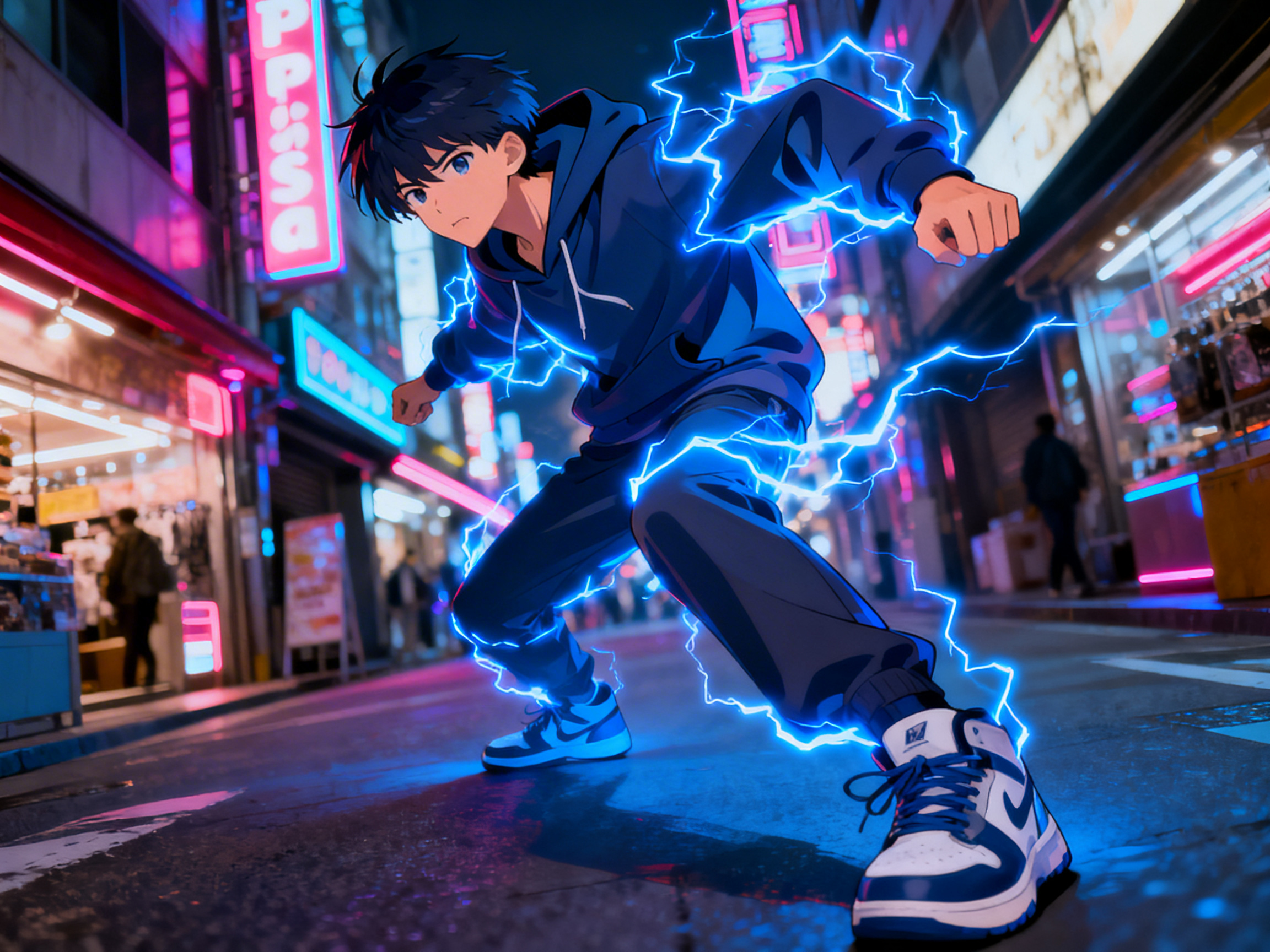 图中展现了一幅融合了动漫风格与写实背景的画面。一位留着黑色短碎发的少年正处于画面中心，他身穿深蓝色连帽卫衣和同色系运动裤，脚蹬一双蓝白相间的运动鞋。他摆出充满张力的战斗姿态，身体前倾，周身环绕着耀眼的蓝色电光，仿佛拥有超能力。背景是夜晚繁华的城市街道，两侧布满了闪烁霓虹灯光的店铺招牌，粉色与蓝色的光影交织，营造出一种赛博朋克般的科幻氛围。

在 AI 生成细节方面，画面存在几处明显的逻辑缺陷：少年的右手（画面左侧）结构模糊，手指细节缺失且形状扭曲；左手握拳的姿势略显僵硬，指节分布不均。背景中的霓虹灯招牌文字多为无意义的乱码或扭曲的字母，无法辨认。此外，少年右脚的透视关系略显生硬，与地面的接触感不够自然，运动鞋上的标志也呈现出不规则的变形。