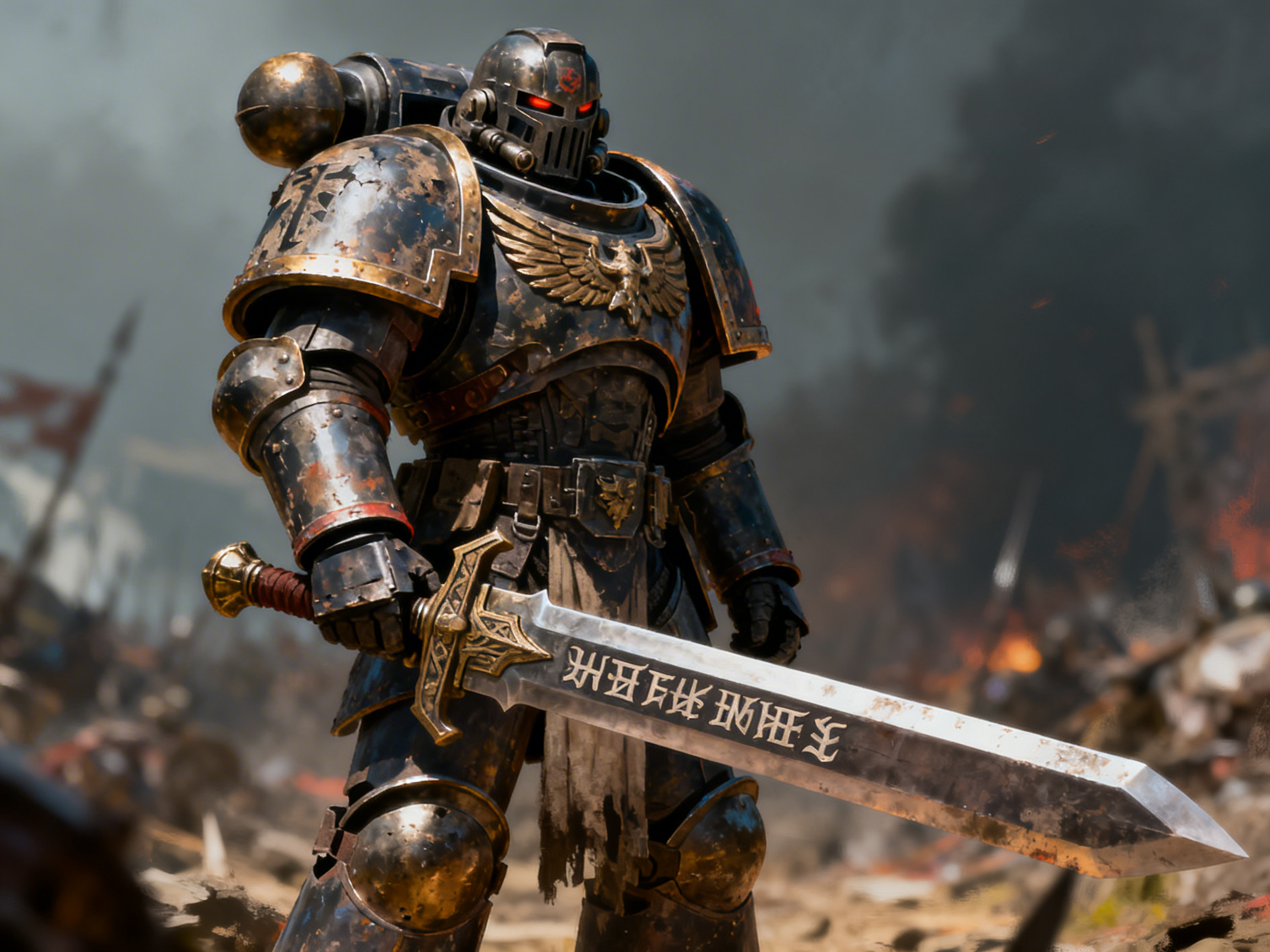 图中展示了一位身形魁梧的星际战士，他身穿一套厚重且带有磨损痕迹的黑色动力装甲，矗立在硝烟弥漫的战场中心。盔甲上装饰着金色的飞鹰纹章，双肩圆润宽大，头盔的眼部透出冰冷的红光。他右手横握一把巨大的动力长剑，剑身上刻有神秘的符文。背景是模糊的断壁残垣与战火，整体色调沉重、肃杀，充满了科幻战争的史诗感。

在 AI 生成细节方面，画面存在几处明显的逻辑缺陷：首先是战士的右手，手指与剑柄的握持关系非常混乱，手指数量模糊且与剑柄融合在了一起；其次，长剑的剑柄末端穿透了手部装甲，结构不符合物理逻辑；剑身上的符文形状扭曲，并非真实的文字或符号；此外，战士左侧肩甲上的图案模糊不清，呈现出无意义的墨迹状，背景中的物体也因算法生成而显得破碎且难以辨认。