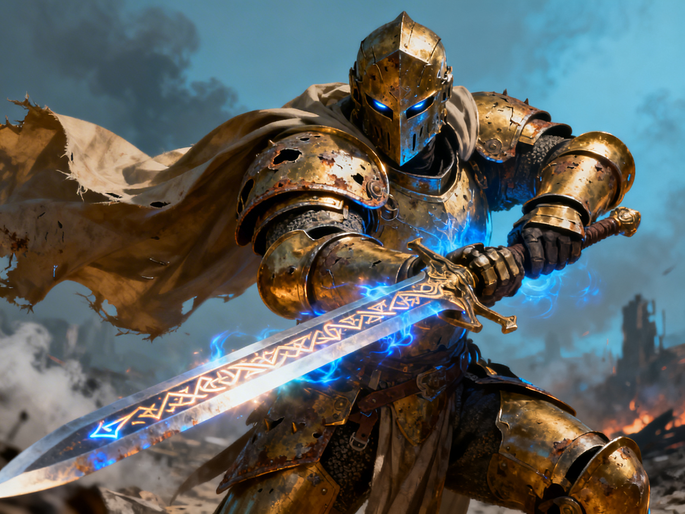 画面中展现了一位身披金色铠甲的英勇骑士，正处于激烈的战场中心。骑士全身包裹在带有锈迹和战斗损痕的厚重盔甲中，头盔缝隙处透出幽蓝色的光芒，显得神秘而威严。他双手紧握一把巨大的长剑，剑身上刻有复杂的符文，正散发出耀眼的蓝色闪电和光芒。骑士身后披着一件破旧的米白色斗篷，在风中向左侧飘扬。背景是硝烟弥漫的废墟，伴有微弱的火光，整体色调以金色的金属质感与冷峻的蓝色魔力光效形成鲜明对比。

在 AI 生成细节方面，画面存在明显的逻辑缺陷：骑士握剑的手部结构混乱，右手手指的数量和排列显得模糊且不自然，与剑柄的接触位置模糊不清；左手手套的纹理与剑柄末端融合在了一起，缺乏清晰的物理边界。此外，剑柄的护手部分左右不对称，形状略显扭曲，盔甲上的部分破损孔洞分布也显得较为随机且缺乏真实的金属厚度感。