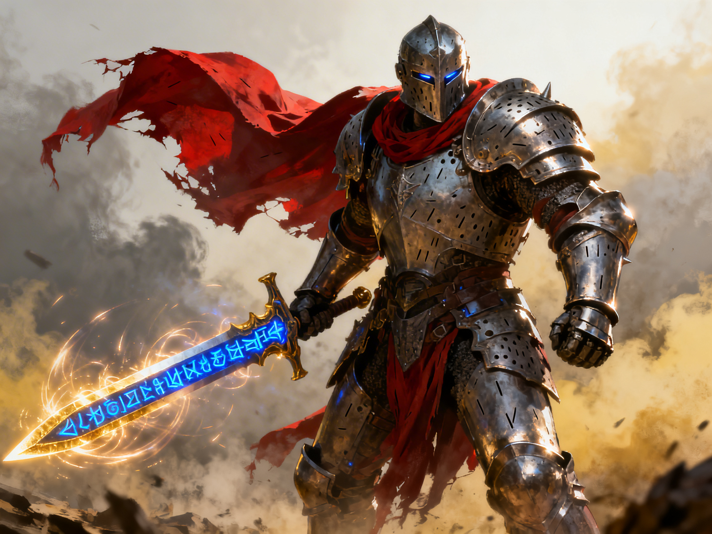 图中展现了一位威武的重装骑士，他身披厚重的银灰色金属铠甲，屹立在硝烟弥漫的战场背景中。骑士的头盔缝隙中透出冷冽的蓝光，肩披一件破损严重的鲜红色大氅，在风中向左侧剧烈飘扬。他右手紧握一把巨大的魔法长剑，剑身上刻满了发光的蓝色符文，周围环绕着金色的能量光环和细碎的火星。背景是昏黄浑浊的烟雾，构图采用低角度仰拍，增强了角色的压迫感。在 AI 生成的细节方面，存在明显的逻辑缺陷：骑士右手握剑的姿势与剑柄的连接处显得生硬且结构模糊，左手手指的关节分布不够自然。此外，铠甲上的排气孔分布过于随意，且剑身上的符文呈现为无意义的乱码符号，缺乏真实的文字逻辑。