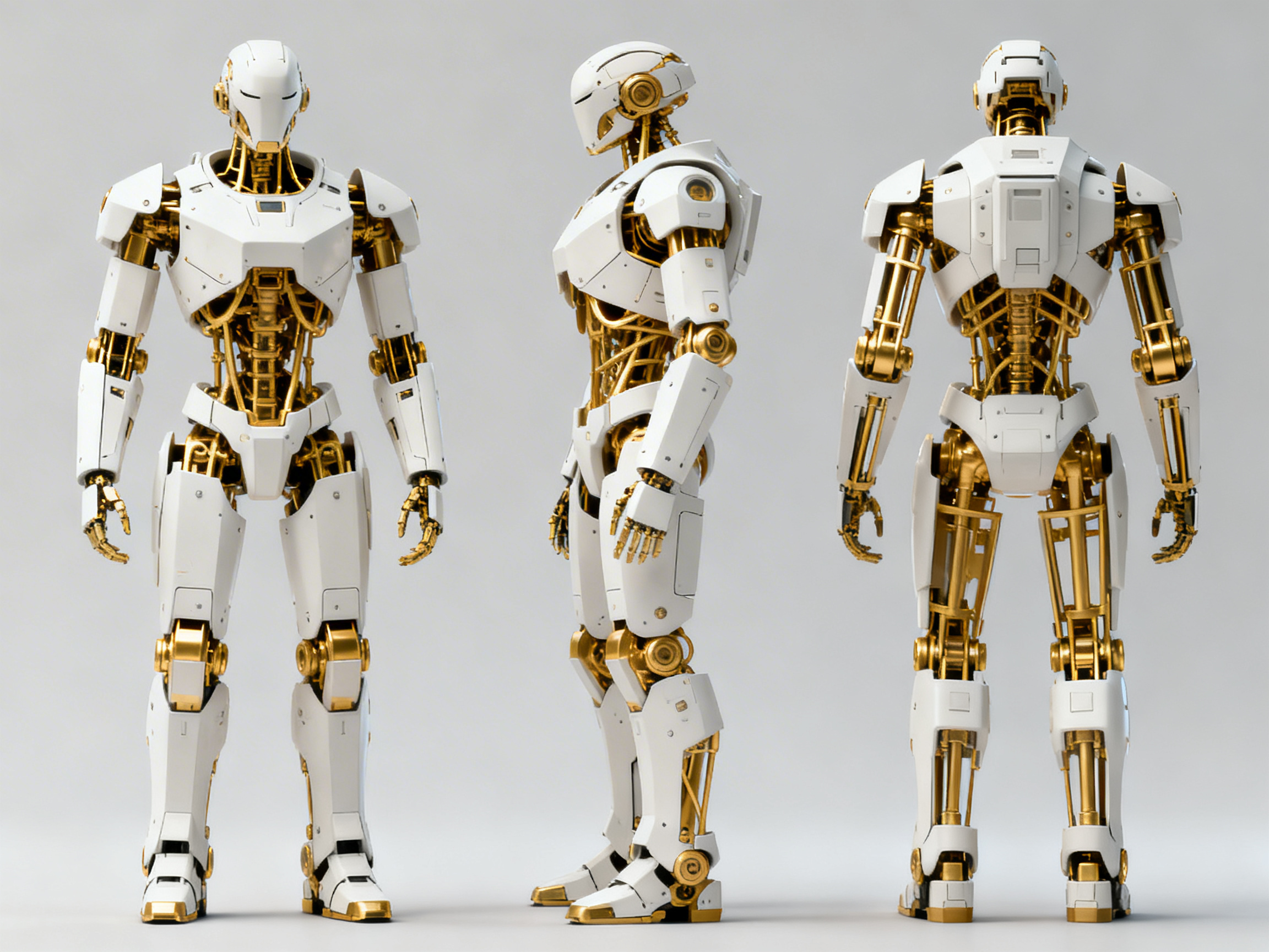 画面中展示了一个人形机器人的三视图（正面、侧面和背面），背景为纯净的浅灰色，呈现出一种工业设计图的风格。机器人由白色的外壳和金色的内部机械骨架组成，色彩对比鲜明，极具科技感。它的头部没有五官，只有平滑的白色面罩，躯干部分露出了复杂的金色齿轮和液压杆结构。整体构图对称、整洁，光影处理细腻。

然而，画面中存在明显的 AI 生成缺陷：首先是手部结构混乱，正视图和侧视图中的手指数量和关节连接方式不符合逻辑，看起来像是一团扭曲的金属；其次，在侧视图中，机器人的脚部与地面的接触点出现了透视错误，左脚尖似乎悬浮或变形；最后，背视图中的脊柱结构与侧视图的内部构造在空间逻辑上无法完全对应，部分金色零件出现了无意义的穿模和断裂现象。