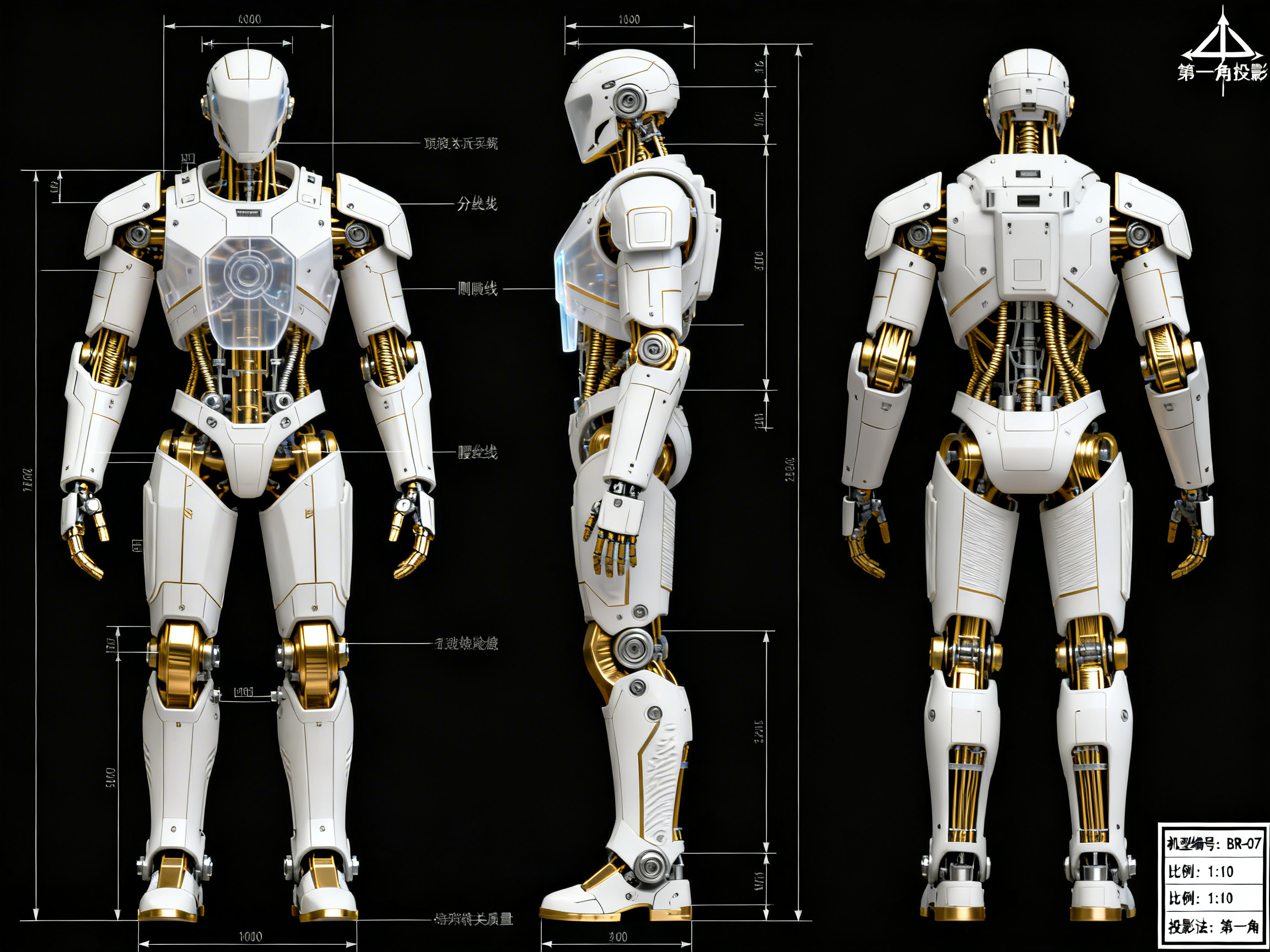 图中展示了一张科幻风格的人形机器人设计蓝图，背景为纯黑色。画面从左至右分别呈现了机器人的正面、侧面和背面三个视角。机器人全身由白色的外壳装甲和金色的内部机械骨架组成，胸部中心有一个透明的圆形核心装置。整体设计精密，带有大量的白色标注线和尺寸刻度，右上角和右下角分别有类似工程图纸的标志和信息框。

在 AI 生成的细节方面，存在明显的逻辑错误和缺陷：首先，画面中的文字和数字均为无法辨认的乱码或扭曲的笔画，不具备实际含义。其次，机器人的手部结构异常，手指的数量和关节连接显得生硬且不符合人体工学。此外，部分标注线与机体并没有准确对齐，右下角信息框内的文字重复且模糊，体现了 AI 在处理精细文字和严谨工程逻辑上的局限性。