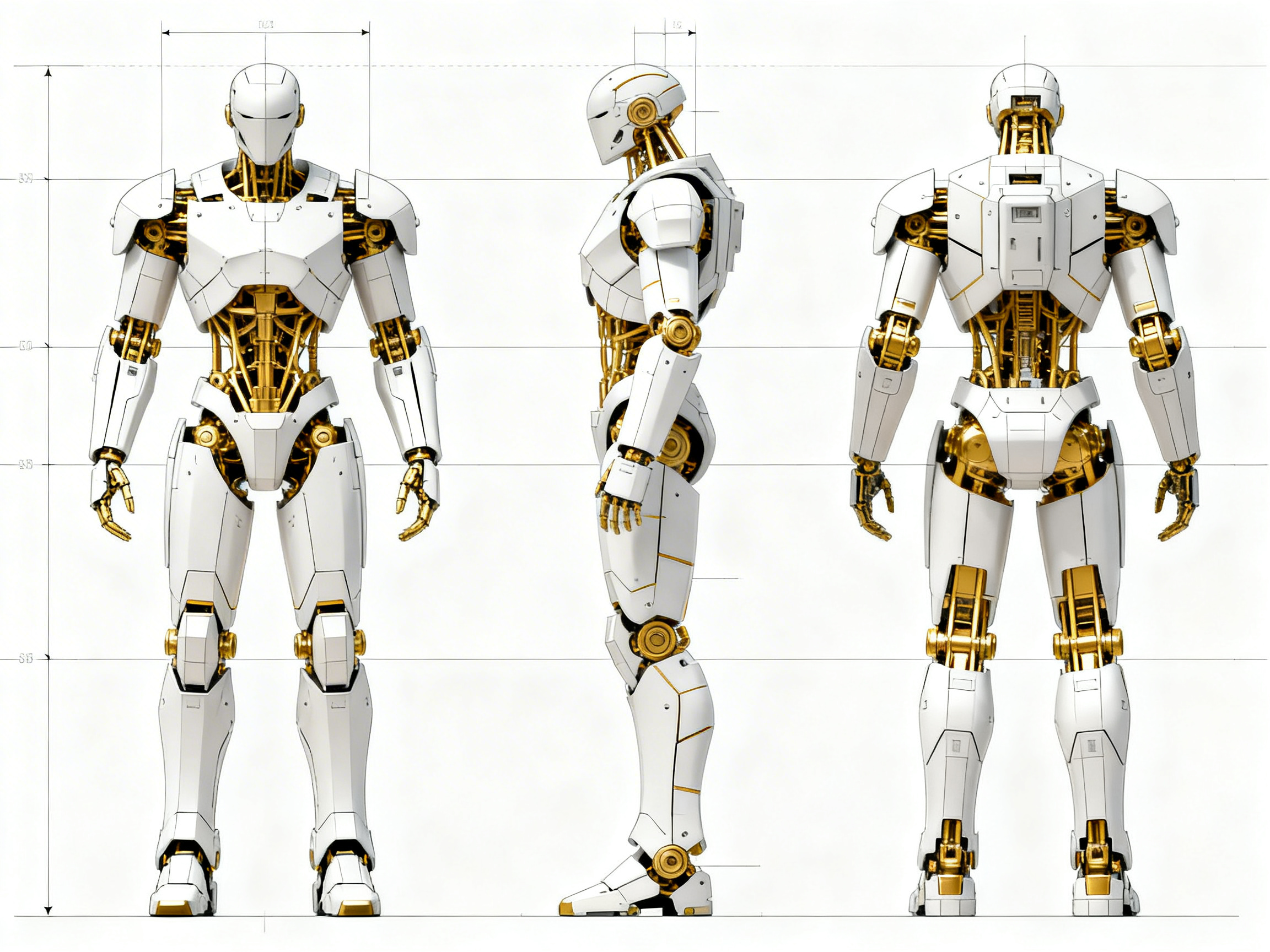 图中展示了一张类人机器人的工业设计三视图，背景为纯白色，带有淡灰色的制图参考线。画面从左至右依次呈现了机器人的正面、侧面和背面。该机器人拥有白色的外壳装甲，内部骨架和关节连接处则呈现出明亮的金色金属质感，整体风格极具未来感和科技感。机器人的头部类似平滑的面罩，躯干部分露出了复杂的金色机械结构，四肢比例协调，呈现出强壮的站立姿态。

在 AI 生成的细节方面，存在一些明显的逻辑缺陷：首先是文字和标注错误，画面顶部的测量线和侧边的刻度数字模糊不清，且多为无意义的乱码符号；其次，手部结构存在异常，手指的数量和关节连接显得生硬且不符合人体工程学，尤其是正面视图中左手的指尖形状扭曲；此外，背部视图中的一些金色内部零件与白色外壳的穿插关系略显混乱，缺乏真实的物理遮挡逻辑。