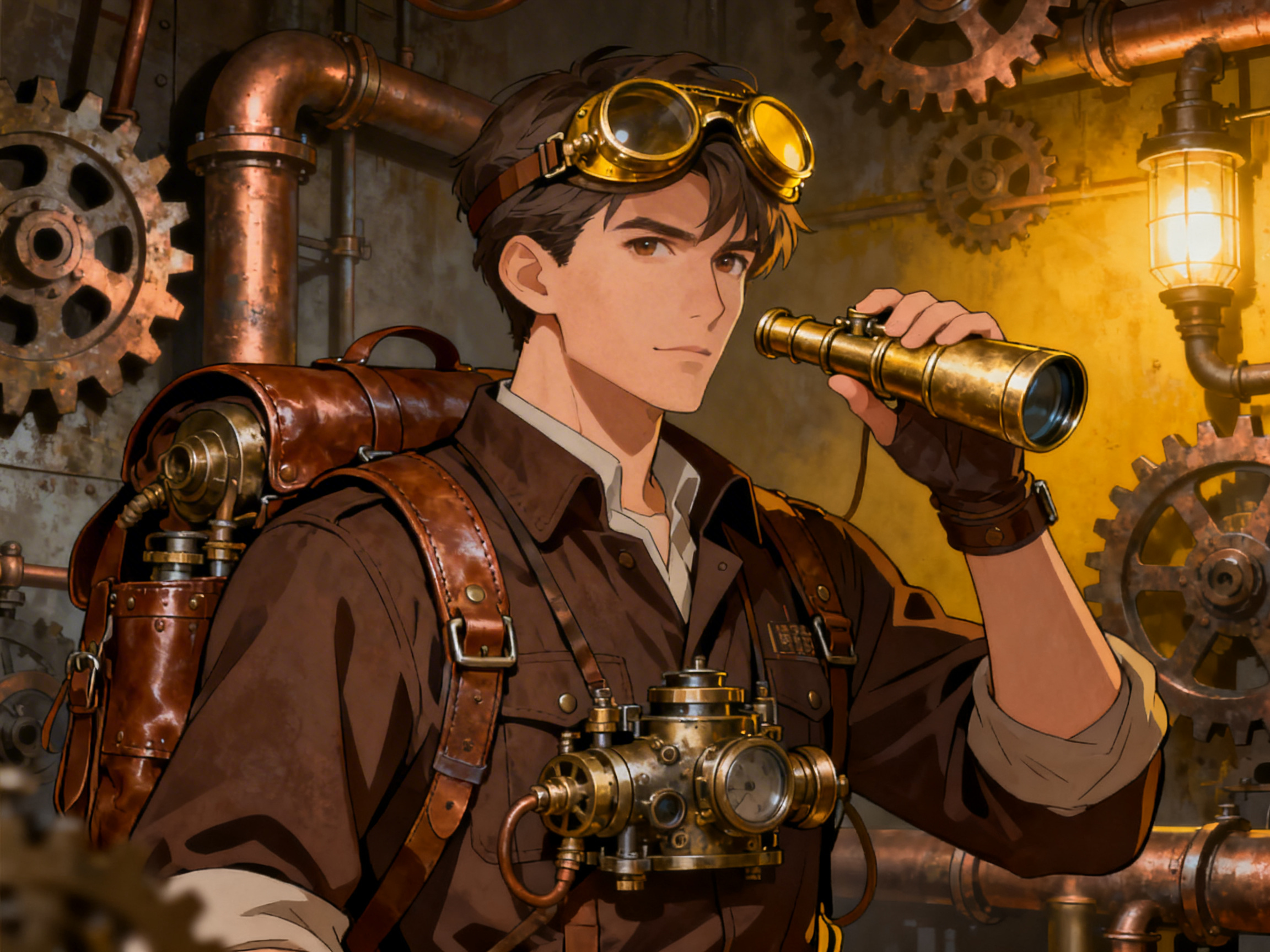 画面中展现了一位具有蒸汽朋克风格的年轻男性，他有着深褐色的短发和棕色眼睛，神情冷静而自信。他头戴一副标志性的金色防风护目镜，身穿棕色工装衬衫，背着一个复杂的皮革与金属结合的机械背包，胸前还挂着一个带有表盘的黄铜仪器。他右手举着一个单筒望远镜，背景是一个充满工业感的机械工坊，布满了巨大的齿轮、铜质管道和一盏散发着暖黄色光芒的壁灯，整体色调以古铜色和深褐色为主，充满了复古科技感。

在 AI 生成的细节方面，画面存在几处明显的逻辑缺陷：首先是人物举着望远镜的右手，手指的结构显得有些生硬，且望远镜的末端并没有对应手部的握持逻辑，像是悬浮或直接嵌入了手掌；其次，背景中的齿轮咬合关系并不符合机械原理，部分齿轮边缘模糊且形状扭曲；此外，人物胸前的机械装置结构杂乱，表盘上的刻度模糊不清，缺乏实际的功能逻辑。