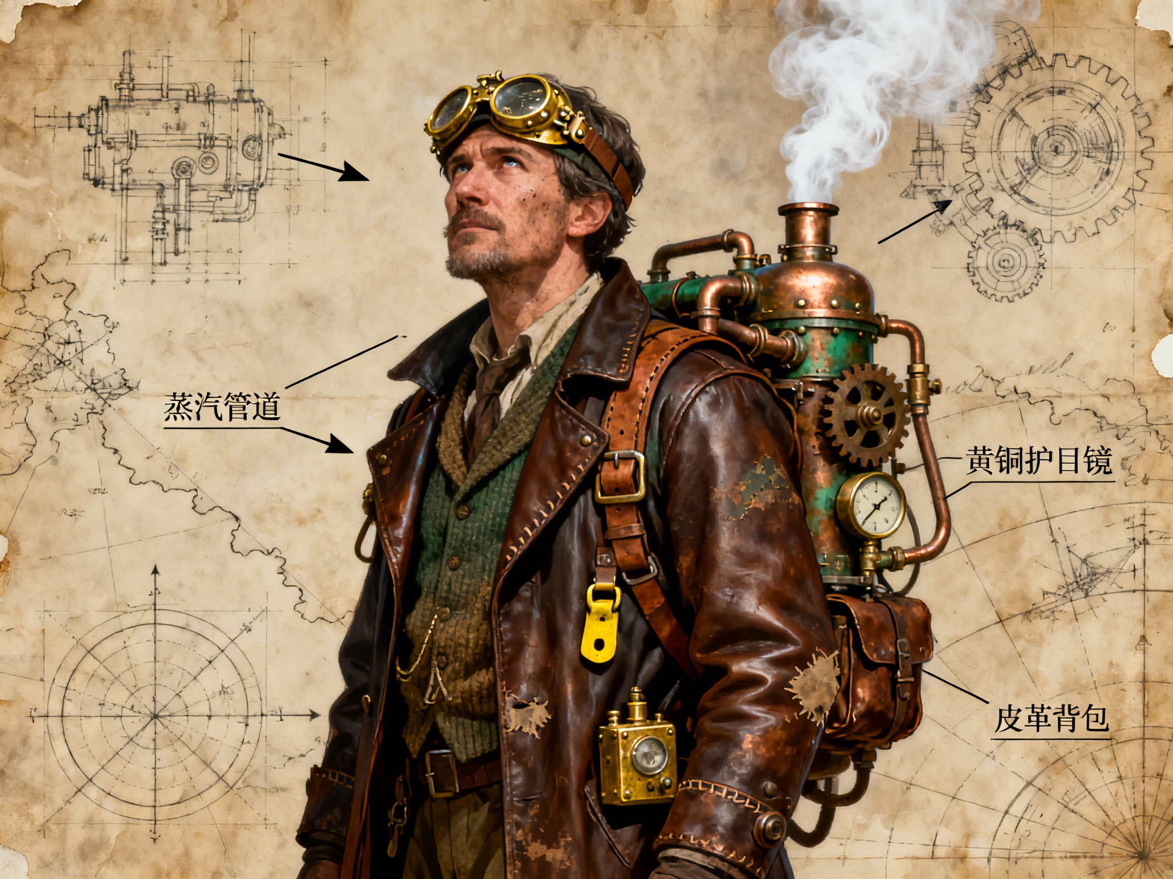 画面中呈现了一位充满蒸汽朋克风格的发明家形象。这位中年男子面容深邃，留着胡茬，头戴一副精致的黄铜护目镜，身穿一件磨损严重的棕色皮大衣，内搭绿色针织背心。他背着一个复杂的铜制蒸汽背包，背包顶部正冒出白色蒸汽，侧面配有齿轮、压力表和金属管道。背景是一张泛黄的复古羊皮纸地图，上面绘有机械零件草图和航海罗盘。整体色调以古铜色、棕色和米色为主，营造出一种工业革命时期的科幻感。画面中还带有几处中文标注，分别指向蒸汽管道、护目镜和背包。在 AI 生成细节方面，存在明显的逻辑瑕疵：男子胸前悬挂的一个黄色金属扣件形状模糊，缺乏明确的功能结构；皮大衣上的破损边缘显得有些生硬，不太符合自然的磨损纹理；此外，背景中的机械草图线条与前景人物的透视关系略显脱节，部分线条在人物边缘处有不自然的交叠。