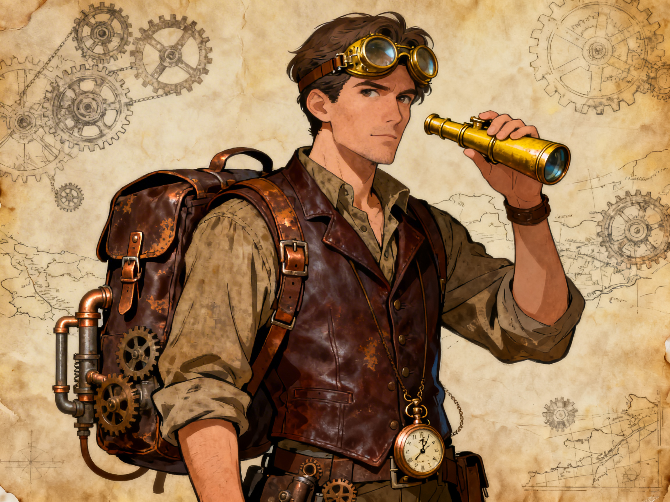 图中展现了一幅具有蒸汽朋克风格的动漫人物插画。画面中心是一位深褐色短发的年轻男性冒险家，他皮肤微黑，神情自信，额头上戴着一副金色的防风护目镜。他身穿棕色皮质马甲和浅色衬衫，背着一个巨大的、带有金属管道和齿轮装饰的复古皮质背包，腰间还挂着一块精致的怀表。他右手持一支金色单筒望远镜，背景是泛黄的羊皮纸质感，上面绘有错落有致的机械齿轮线条和模糊的地图轮廓。整体色调以温暖的古铜色和棕褐色为主。在 AI 生成的细节方面，存在明显的逻辑缺陷：男子右手握住望远镜的姿势显得生硬，手指关节的结构不够自然；怀表表盘上的刻度混乱，指针指向不明；背景中的齿轮线条与前景背包上的实体齿轮在透视上略有冲突，且部分机械结构的连接方式不符合物理常识。