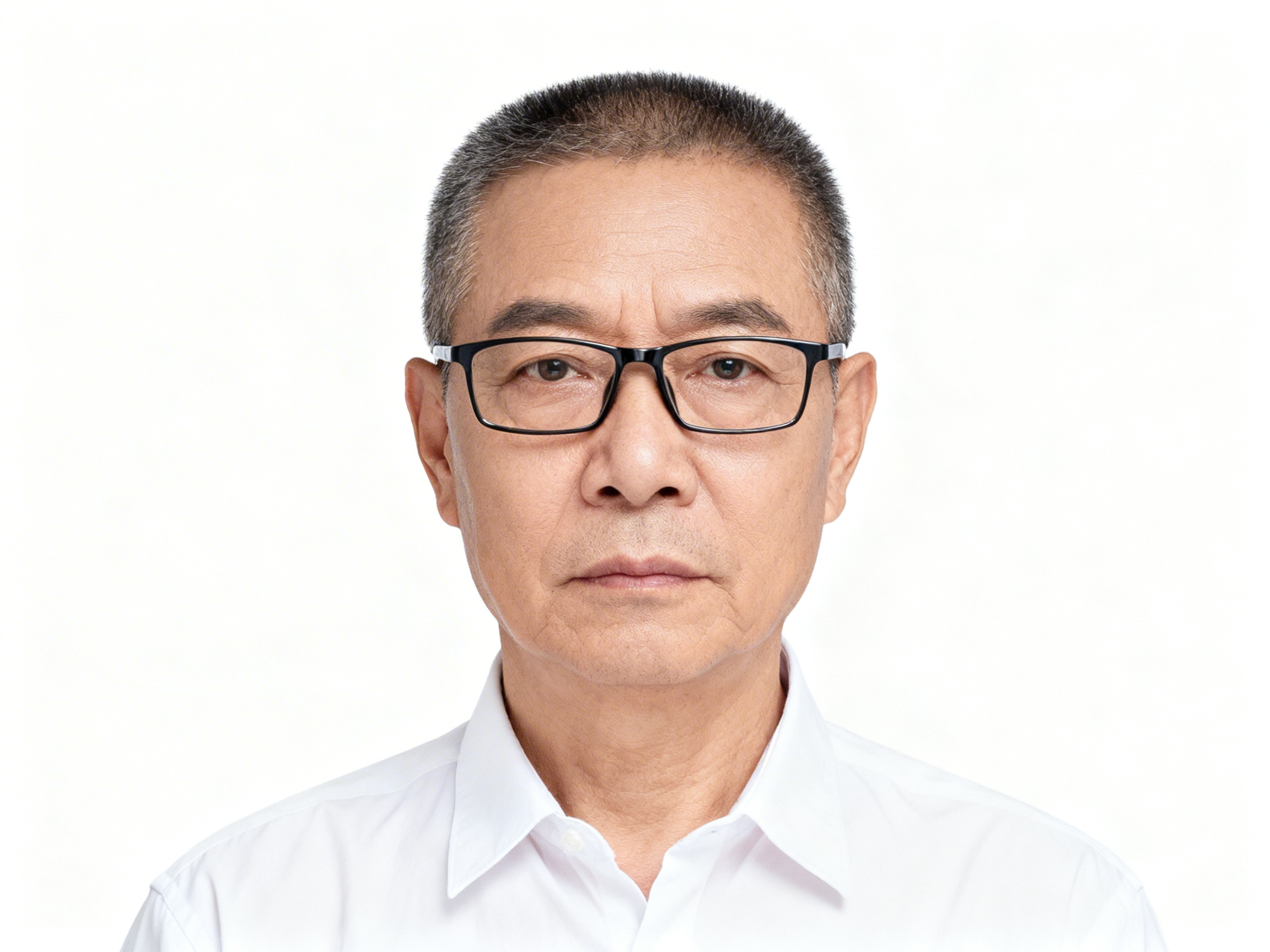 画面中是一张中年东亚男性的正面证件照风格特写。他留着灰白相间的短寸头，面部表情严肃且沉稳，额头和眼角有明显的皱纹，展现出成熟的岁气息。他佩戴一副黑框眼镜，身穿一件整洁的纯白色翻领衬衫。背景为纯白色，光线均匀地打在面部，构图居中，呈现出一种正式且写实的质感。

在 AI 生成的细节方面，存在一些明显的逻辑缺陷：最显著的是眼镜架的设计，左侧（画面右侧）的眼镜腿并没有像正常眼镜那样勾在耳朵上，而是直接消失在鬓角处，且镜框与鼻梁结合的位置显得有些生硬。此外，人物双眼的瞳孔反光略显不自然，衬衫领口的左右对称性在精细度上略有偏差，这些特征揭示了该图像是由人工智能合成的。
