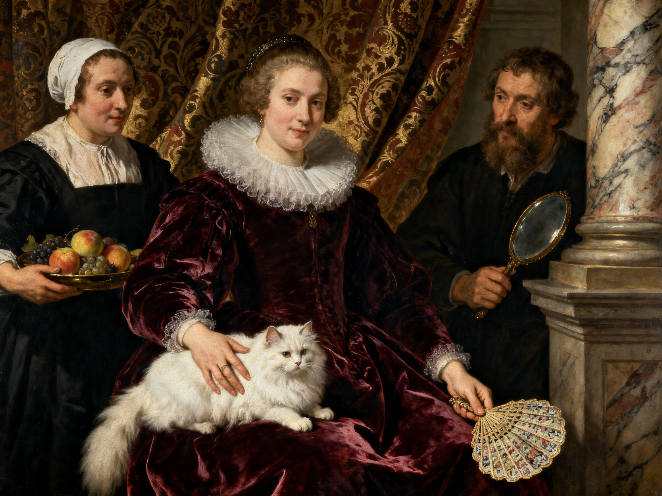 图中展现了一幅模仿巴洛克风格的油画，画面中心是一位端庄的贵妇，她身着深紫红色天鹅绒长裙，颈部围着巨大的白色蕾丝拉夫领，腿上趴着一只长毛白猫。她的左侧是一位端着水果盘的女仆，右侧则是一位拿着手镜、神情忧郁的胡须男子。背景衬托着华丽的金纹绸缎帘幕和大理石柱。整体色调深沉且富有质感，光影对比强烈。然而，画面中存在明显的 AI 生成缺陷：贵妇抚摸猫的右手手指比例失调，显得异常细长且关节扭曲；她左手握着的折扇扇骨与手掌的连接处模糊不清，且扇面图案杂乱无章；右侧男子握镜子的手部结构也显得生硬，手指数量和位置不够自然。此外，白猫的后肢与贵妇裙摆的融合处缺乏合理的透视逻辑，显得有些漂浮。