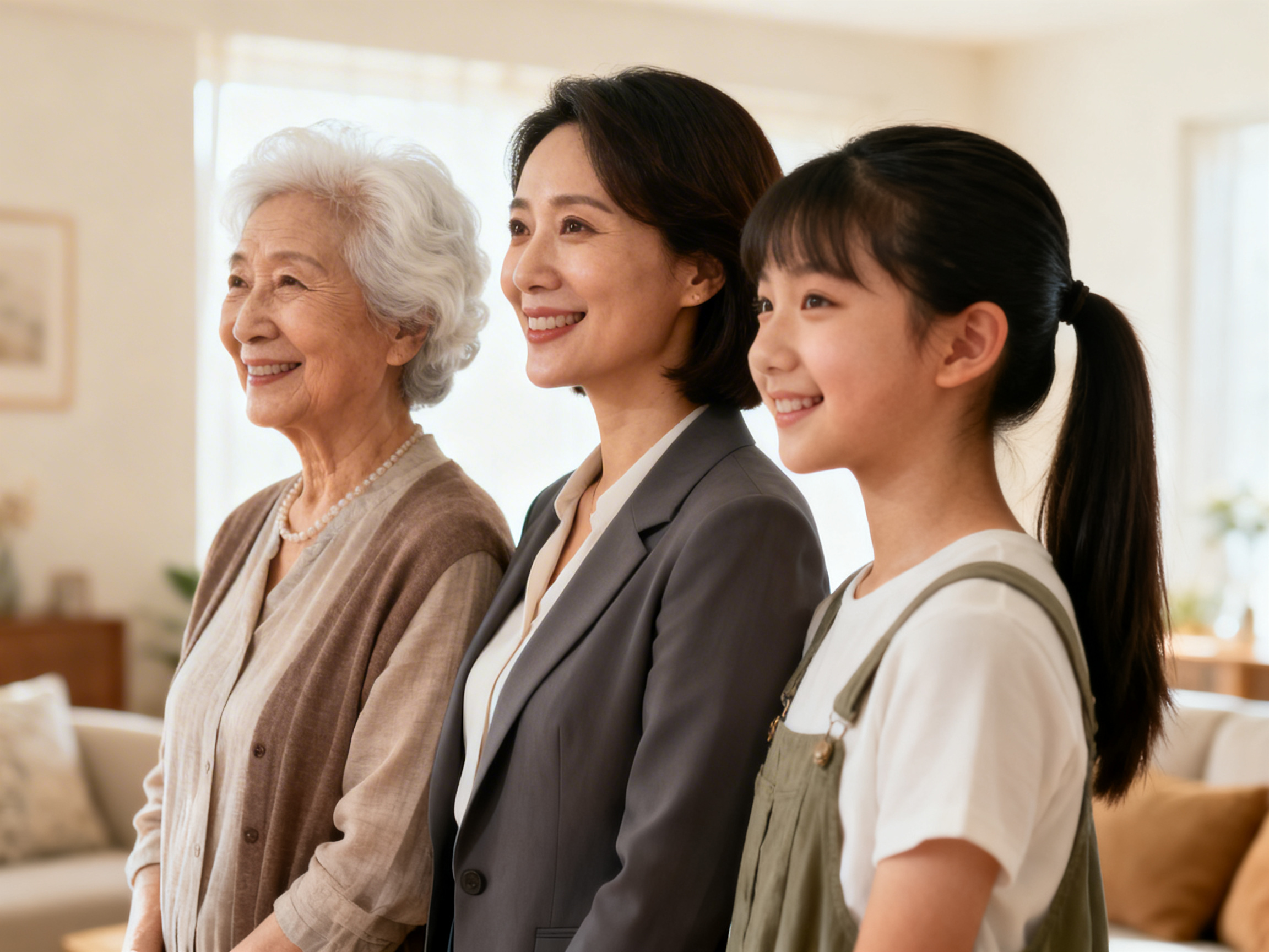 图中展示了三代同堂的温馨画面，三位女性从左至右依次排开，分别是满头银发的老奶奶、穿着灰色西装的中年女性以及扎着马尾辫的小女孩。她们都侧身站立，面带灿烂的微笑看向前方，展现出家庭的和睦与幸福。背景是一个光线充足、色调柔和的现代居家客厅，隐约可见沙发和装饰画，整体氛围温暖且明亮。

在 AI 生成的细节方面，画面存在一些明显的逻辑缺陷：最左侧老奶奶的双手交叠处显得模糊且结构混乱，手指线条不清晰；中间女性的西装领口与内搭衬衫的衔接处略显生硬，缺乏真实的布料层叠感；最右侧小女孩的背带裤肩带与白色 T 恤的融合处处理得不够自然。此外，背景中的物体边缘过于模糊，呈现出一种不真实的虚化效果。尽管如此，三人的面部表情刻画得非常生动自然。