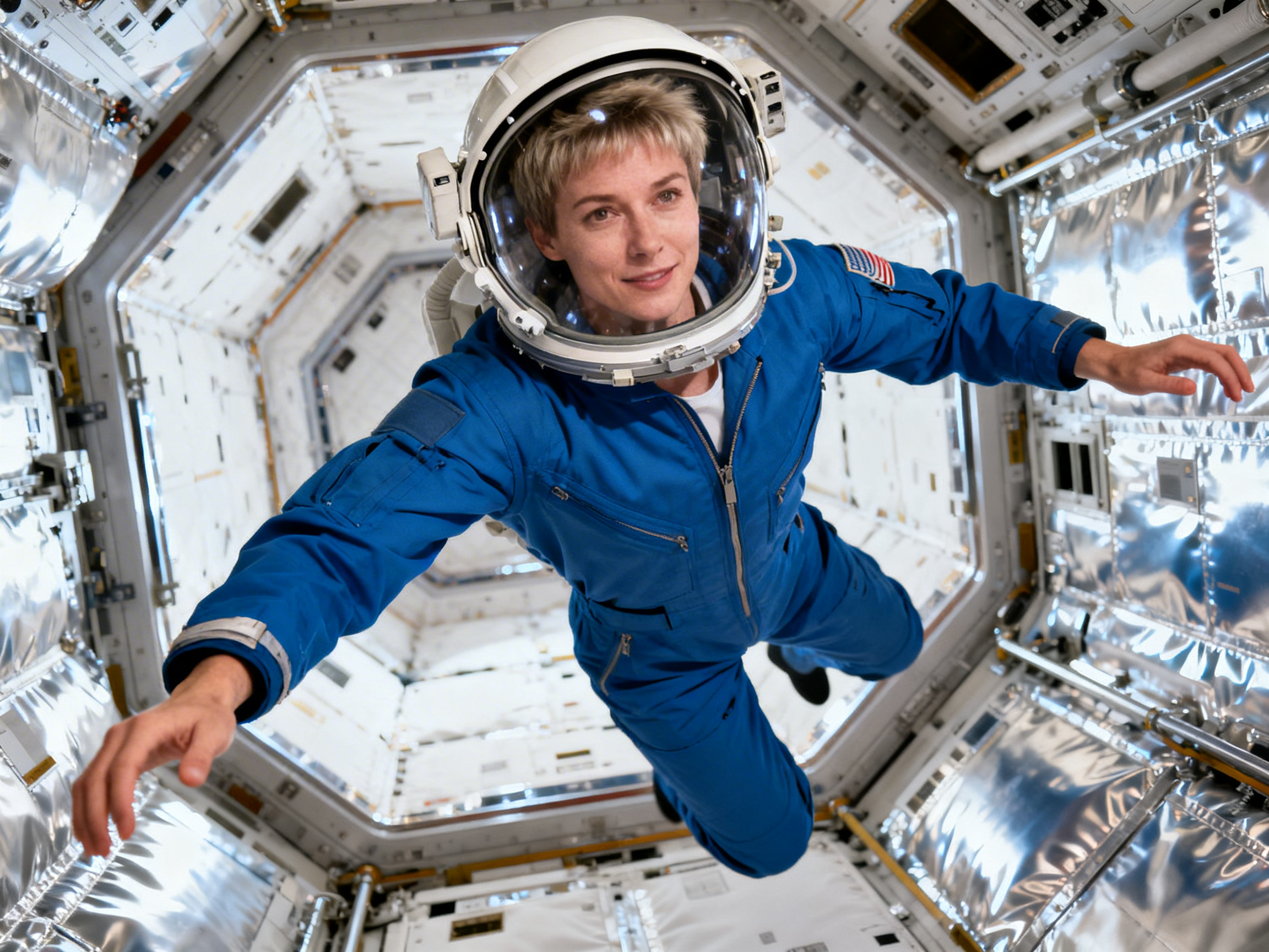 图中展示了一位留着金色短发的女性宇航员，她身穿明亮的蓝色连体飞行服，头戴白色的航天头盔，正漂浮在充满科技感的空间站舱体内。舱室呈现八角形的透视结构，四周布满了白色的面板、银色锡箔质感的隔热材料以及各种精密仪器。光线明亮且均匀，营造出一种真实太空环境的氛围。宇航员面带微笑，双臂展开，仿佛在体验失重状态。

然而，画面中存在明显的 AI 生成缺陷：最显著的是宇航员的手部处理，左手（画面右侧）的手指比例失调，显得异常细长且关节扭曲；右手（画面左侧）的指尖模糊，与背景融合得不够自然。此外，她左肩上的美国国旗臂章细节模糊，条纹和星星的排列并不准确。头盔边缘与飞行服连接处的结构也显得有些生硬，缺乏合理的机械衔接逻辑。尽管整体构图具有冲击力，但这些细节暴露了其非实拍的本质。