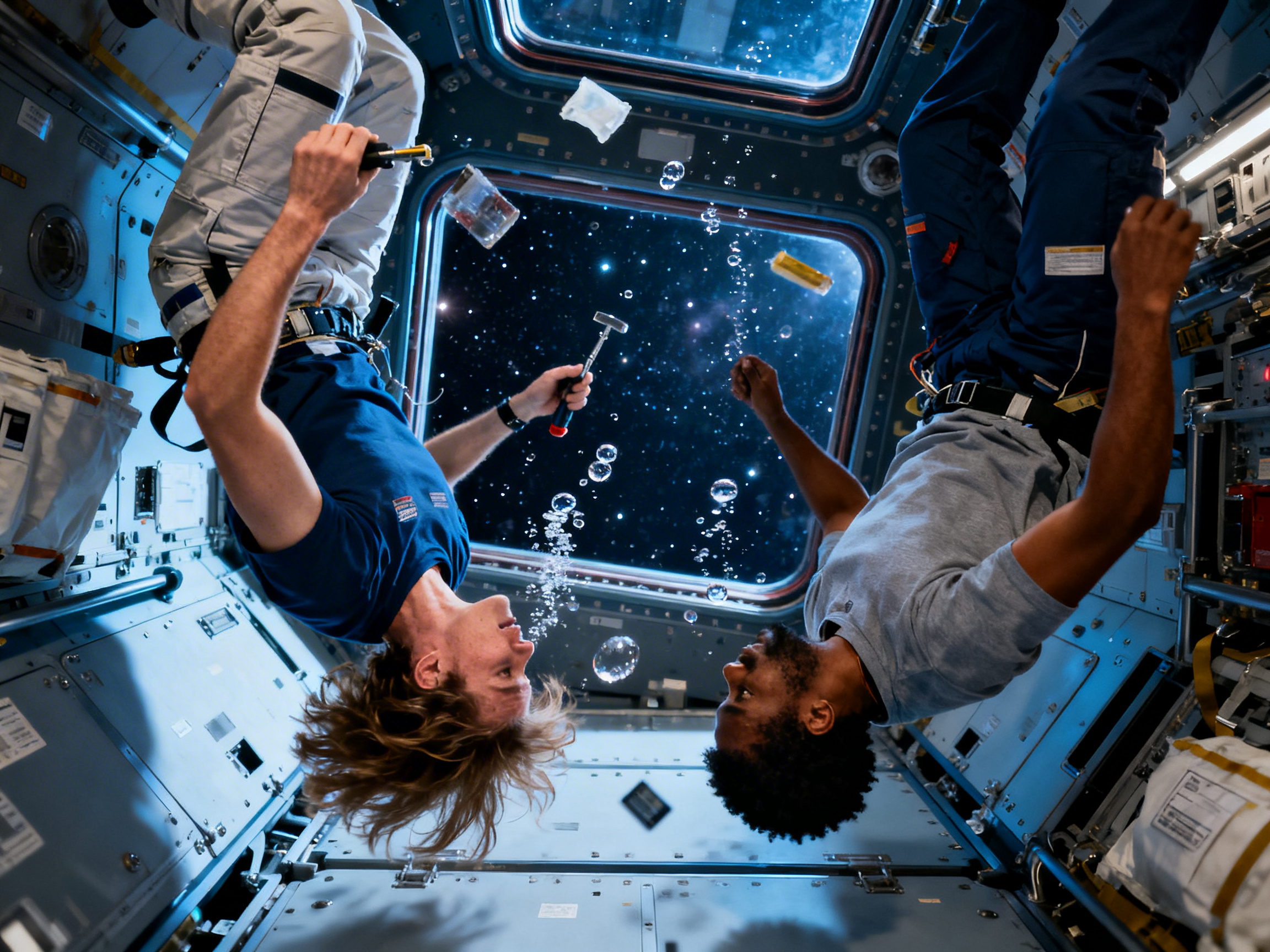 画面中展示了两名宇航员在零重力环境下的空间站舱内活动。构图采用了上下颠倒的视角，左侧是一名留着金色长发的白人男子，右侧是一名黑人男子，两人正头朝下漂浮，中间悬浮着许多透明的水珠和杂物。背景是一扇巨大的观察窗，透出深邃的星空。色调以冷蓝色的金属舱室为主，营造出科技感。然而，画面存在明显的 AI 生成缺陷：左侧男子的右手手指比例失调，且握住的工具与手部结合生硬；他左手握持的银色工具末端结构模糊。右侧男子的左手手指数量和关节结构异常，看起来像是有多余的指节。此外，空间站壁板上的文字标识均为无法辨认的乱码，悬浮物体的物理透视也显得不够自然。
