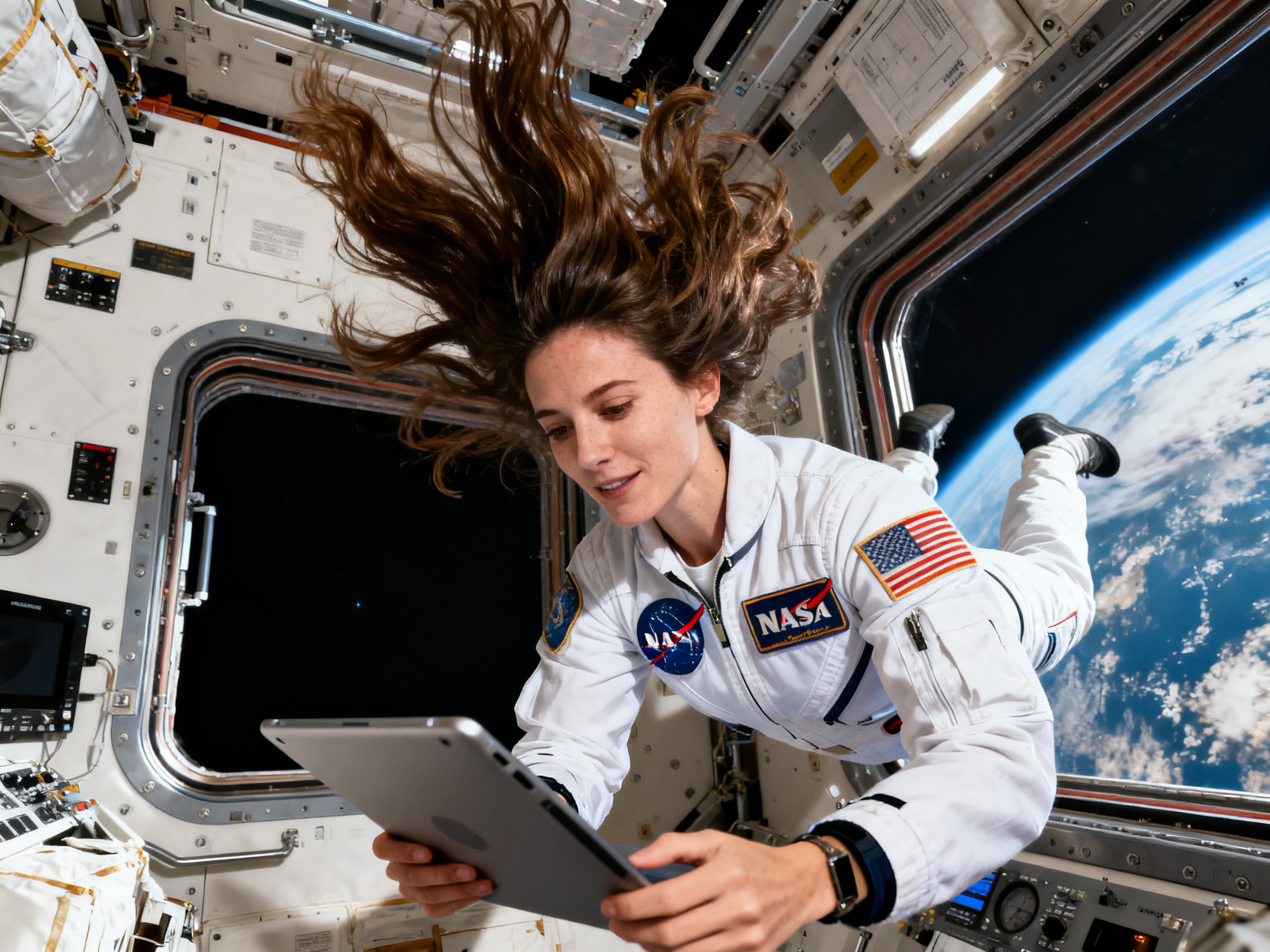 图中展示了一位年轻女性宇航员在国际空间站舱内漂浮的场景。她身穿带有 NASA 标志和美国国旗贴纸的白色宇航服，棕色长发在失重状态下向上散开，显得非常蓬松。她正低头专注地看着手中持有的平板电脑。背景是充满精密仪器和管线的空间站内部，右侧窗外可以清晰地看到蔚蓝的地球边缘和深邃的太空。

画面中存在明显的 AI 生成缺陷：首先，宇航员的左手（画面右侧）手指结构异常，指节连接处显得模糊且不自然；其次，她右手握持平板电脑的位置与设备边缘的透视关系不协调，指尖似乎陷入了设备边框中；此外，宇航服上的 NASA 标志和文字细节略显模糊，左臂上的国旗条纹也存在轻微的线条扭曲。尽管光影效果逼真，但这些细节揭示了其 AI 生成的本质。