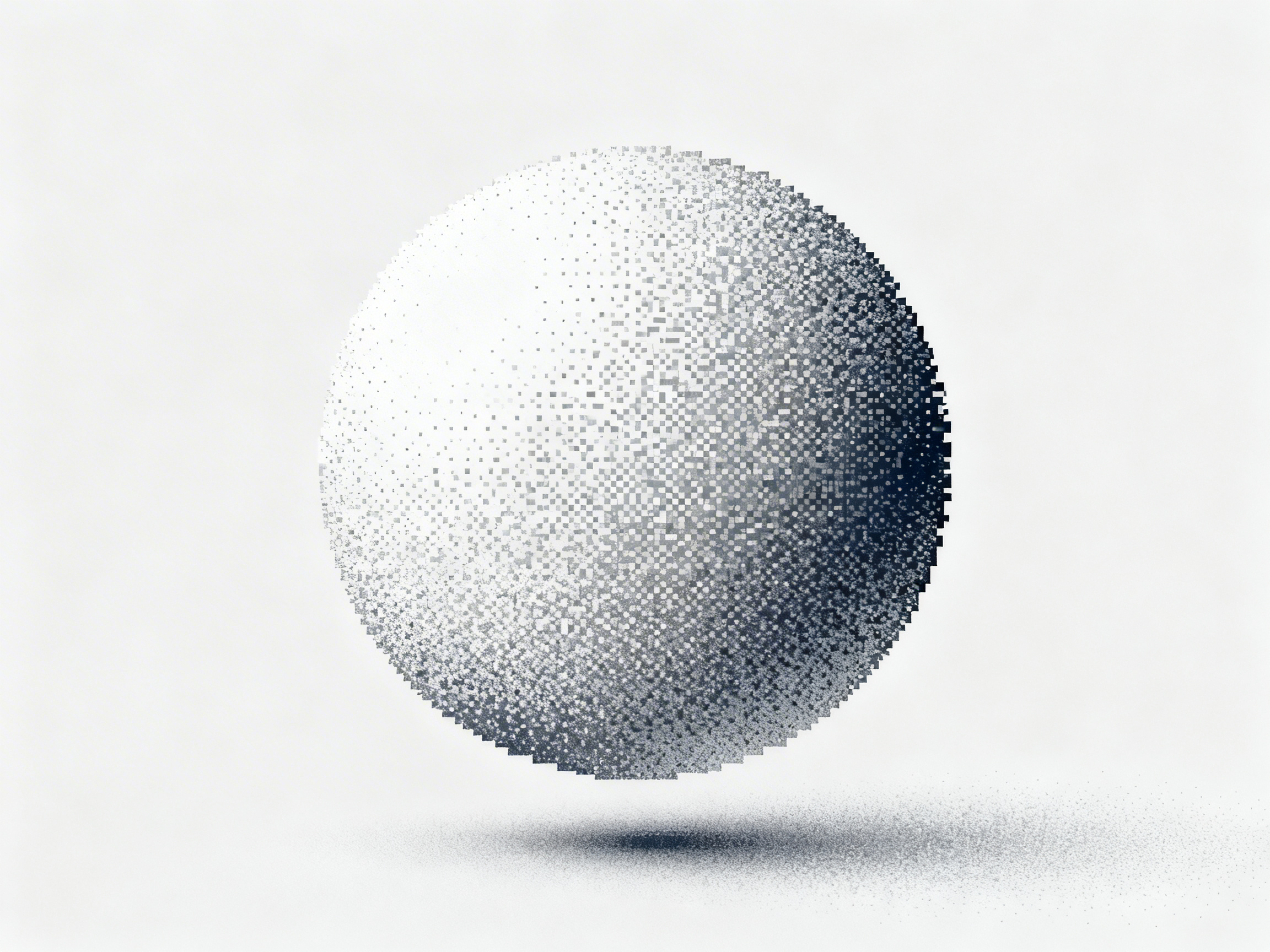 图中展示了一个悬浮在纯白色背景中央的巨大球体，呈现出一种极简主义的艺术风格。这个球体并非实体，而是由无数细小的深蓝色和灰色像素方块堆砌而成，模拟出一种数字解构或数据化的视觉效果。球体的左侧受到强光照射，呈现出明亮的白色，而右侧则逐渐过渡到深邃的蓝黑色阴影，展现出清晰的体积感。在球体下方，有一道由细碎颗粒组成的阴影，仿佛球体正在向地面散落数字尘埃。从 AI 生成的角度看，球体的边缘在像素化处理时显得有些生硬，部分像素点的分布逻辑略显随机，缺乏物理上的连贯性。此外，下方的阴影边缘过于平直且带有明显的颗粒噪声，与球体本身的像素风格在质感上略有脱节，表现出一种超现实的数字合成痕迹。