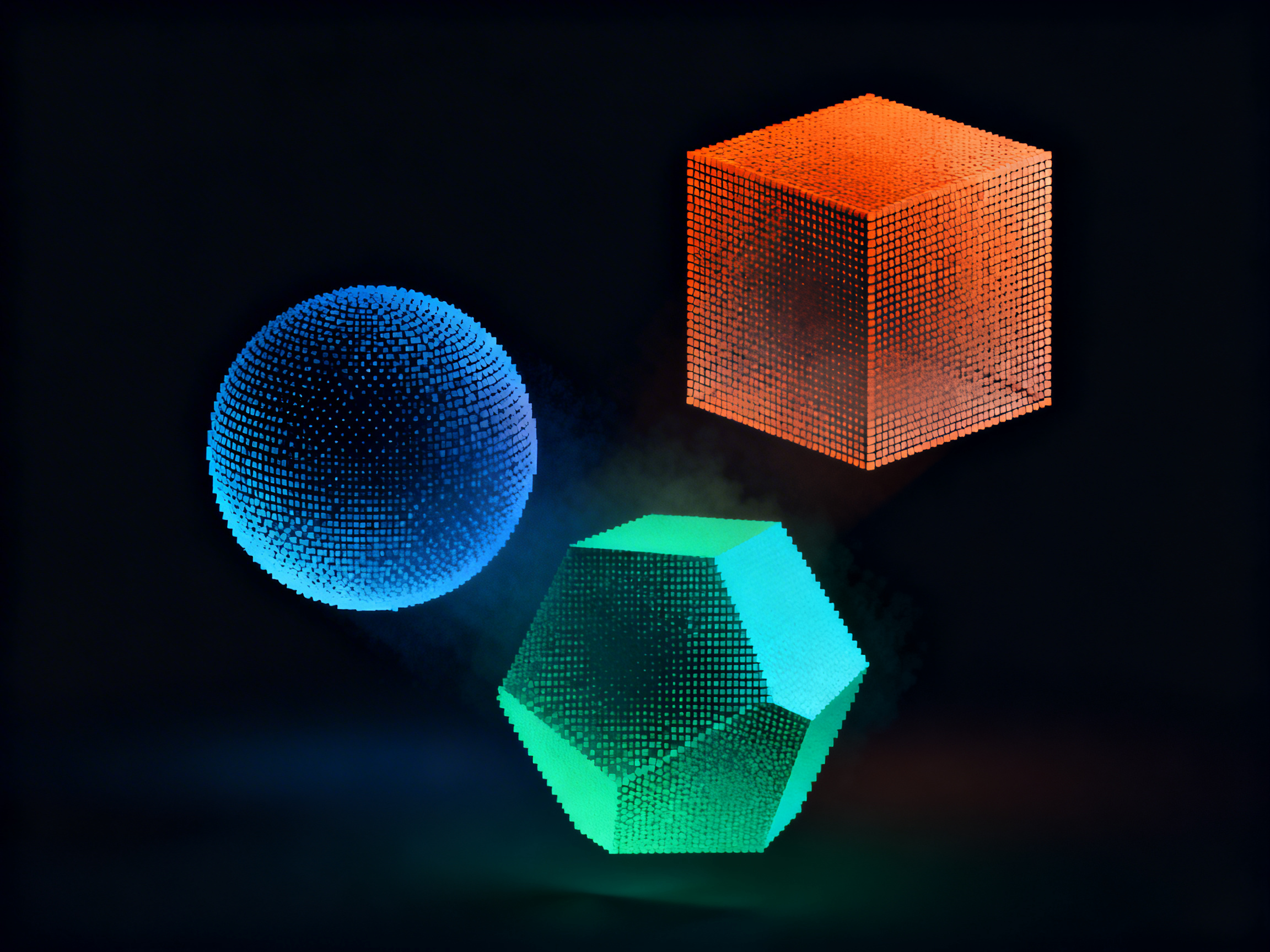 图中展示了三个悬浮在深黑色背景中的几何体，它们呈现出一种由微小像素或数字颗粒组成的数字化风格。左侧是一个明亮的蓝色球体，右上角是一个橙红色的立方体，下方则是一个绿松石色的多面体（类似于五角十二面体）。这三个物体都散发着柔和的霓虹光芒，并在其周围产生了一层淡淡的烟雾或发光效果，构图简洁且具有科技感。

作为 AI 生成的图像，画面中存在一些明显的逻辑缺陷：首先是透视与结构的不一致，橙色立方体的边缘线并不完全平直，颗粒的分布在转角处显得模糊且不规则；其次，下方的绿色多面体结构模糊，面与面之间的交界线在数字化处理下显得破碎，缺乏真实的几何严谨性；最后，球体左侧的颗粒密度分布不均，导致边缘看起来有些参差不齐，未能形成完美的圆弧。