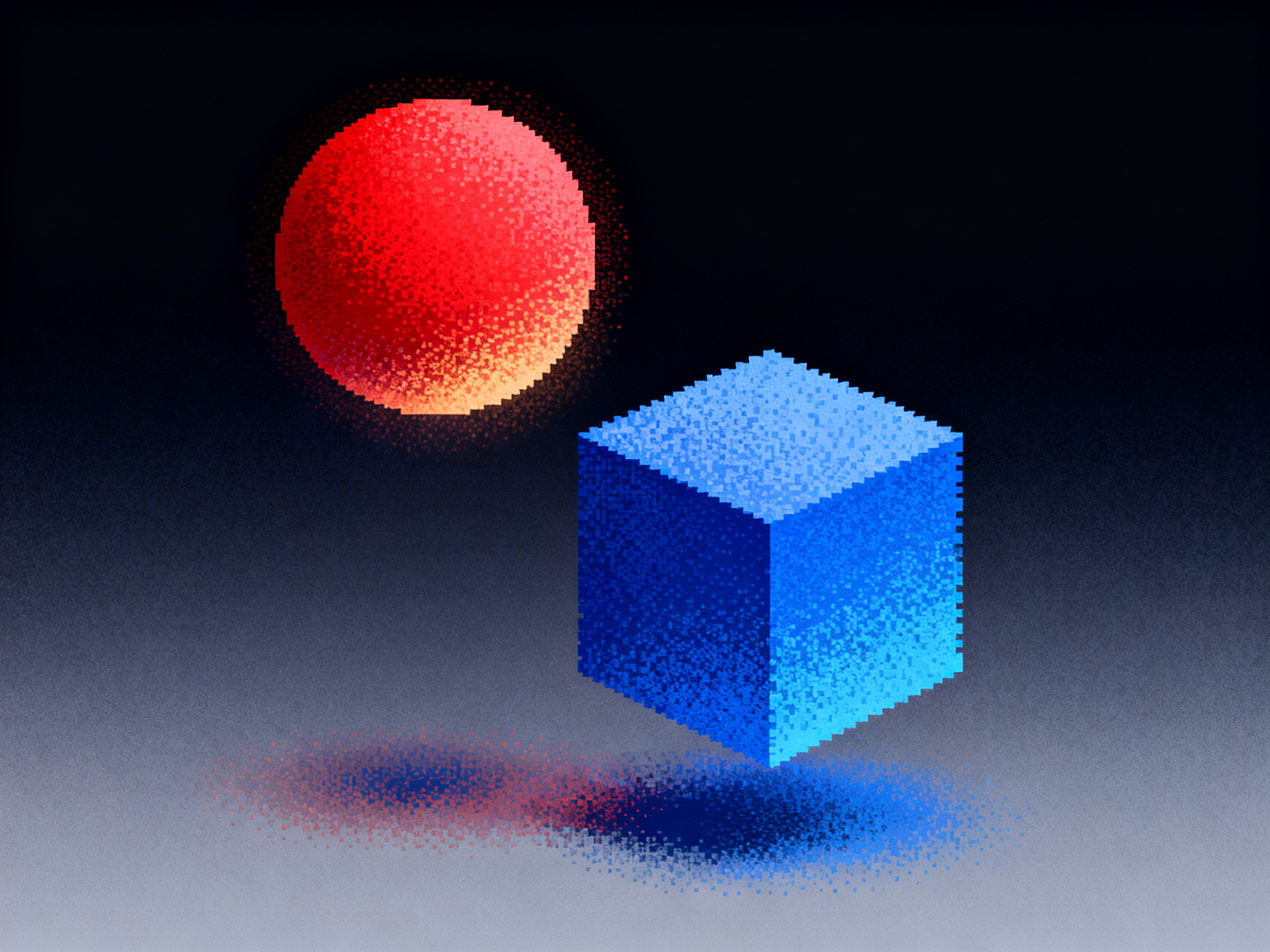 图中展示了一个具有极简主义风格的几何空间，背景由深黑色向底部的灰蓝色渐变。画面左上方悬浮着一个鲜红色的圆形球体，右下方则是一个亮蓝色的立方体，两者均呈现出明显的像素化颗粒质感，仿佛由无数细小的彩色方块堆砌而成。球体散发着微弱的橙红色光晕，而立方体则展现出清晰的三个受光面。在下方的地面上，可以看到这两个几何体投下的深色阴影，阴影中混杂着红蓝交织的颗粒感。从 AI 生成的角度来看，画面存在一些逻辑上的瑕疵：立方体的边缘线条并不笔直，呈现出锯齿状的参差不齐；地面阴影的形状与上方物体的透视关系不完全吻合，尤其是球体下方的阴影显得过于扁平且位置偏移。此外，画面整体的颗粒噪点分布略显生硬，缺乏自然的光影过渡。