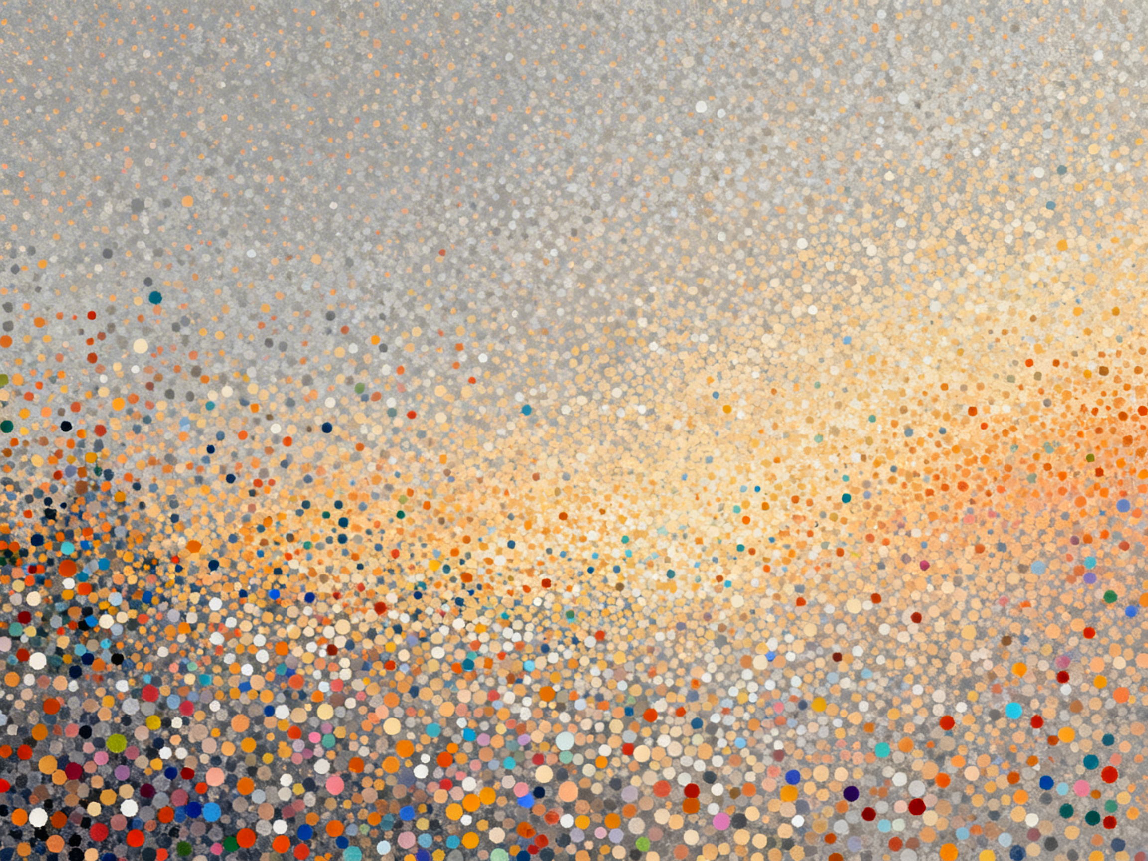 图中展示了一幅充满现代感的抽象点彩画。画面由无数密集的彩色圆点组成，背景呈现出一种带有纹理的浅灰色，仿佛是粗糙的画布或水泥墙面。圆点的分布呈现出明显的色彩流动感：画面右侧和中心区域以明亮的橙色、黄色和米色为主，形成了一道如同阳光散射般的温暖色带；左下角则聚集了较多深蓝色、红色和黑色的圆点，色彩对比强烈，给人一种视觉上的重量感。构图上，这些圆点从左下向右上逐渐扩散和稀疏，营造出一种动态的喷溅效果。作为 AI 生成的图像，其缺陷在于圆点的边缘处理过于机械化，缺乏真实手绘点彩画那种自然的重叠感和颜料厚度，部分区域的圆点分布过于均匀，显得有些生硬，缺乏艺术创作中的随机性与灵动感。