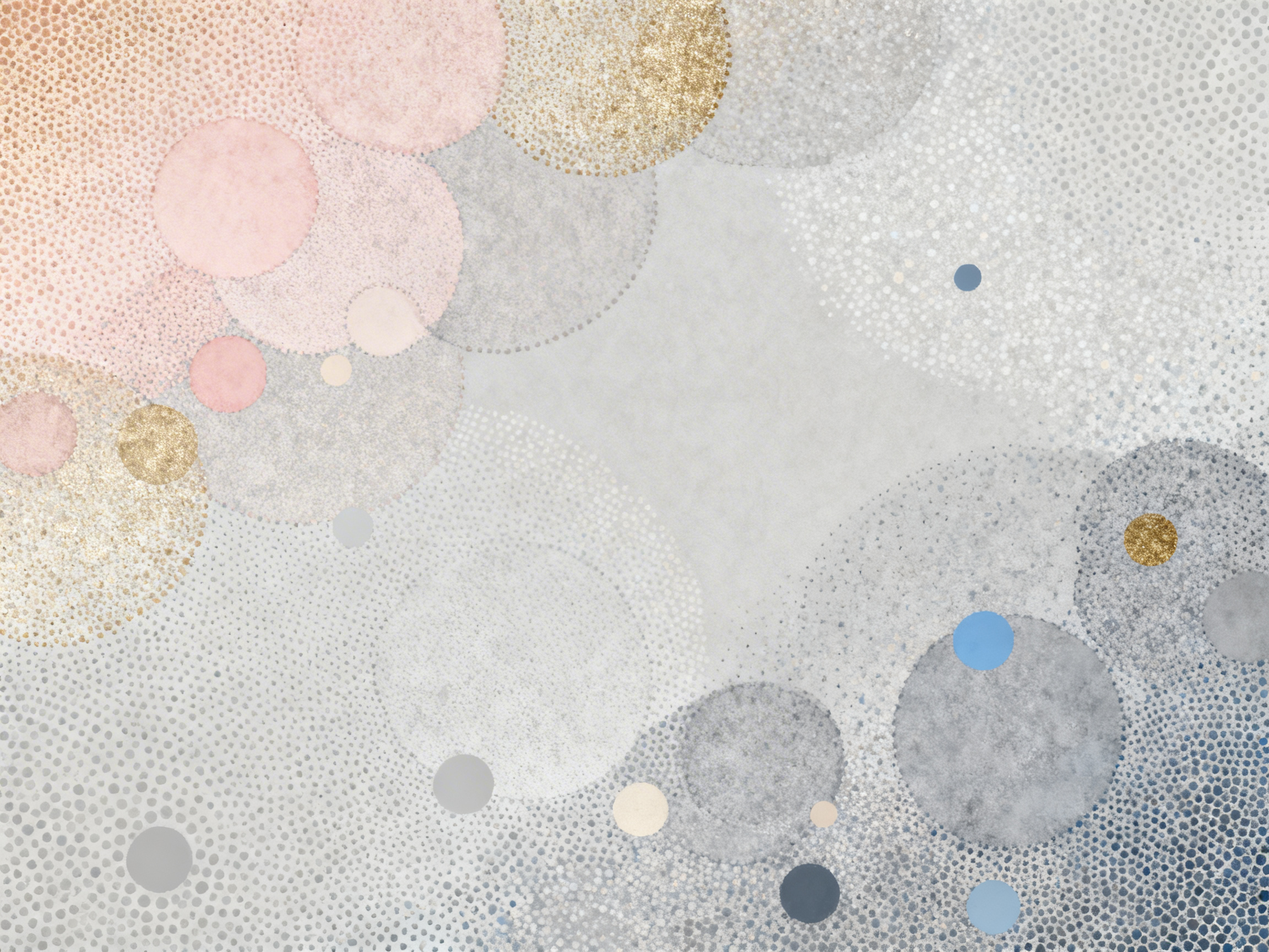 图中展示了一幅极简主义风格的抽象艺术画作，整体色调柔和且富有质感。画面以浅灰色为底色，由大量大小不一的圆形和细密的点阵组成。左上角分布着淡粉色、肉粉色和带有金属质感的金色圆圈，呈现出一种温暖的渐变感；右下角则以深浅不一的灰色、蓝色和点缀其中的金色圆圈为主，营造出沉稳的视觉重心。这些圆形有的呈现出水彩般的晕染效果，有的则由无数微小的波点汇聚而成，形成了丰富的层次感和虚实变化。构图上，视觉元素主要集中在对角线两侧，中间留出了大面积的灰白色空白，给人以呼吸感。作为 AI 生成的图像，画面中存在一些明显的逻辑缺陷：部分点阵的分布规律在边缘处突然断裂或重叠，显得不够自然；个别小圆点的边缘出现了模糊的锯齿状重影，且金色圆圈的纹理在放大后显得随机而缺乏真实的金属物理光泽。