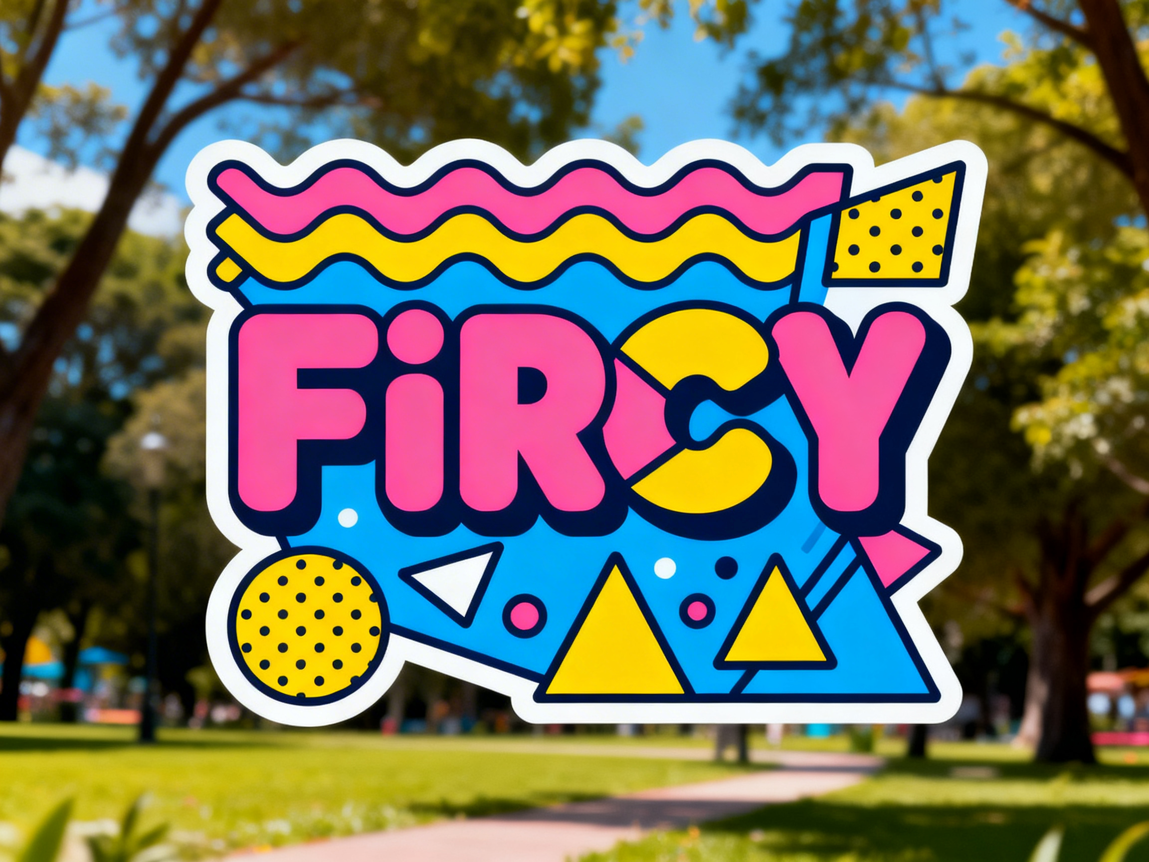画面中展示了一个色彩鲜艳、具有孟菲斯设计风格的图形标签，悬浮在模糊的公园背景之上。标签中心是粉红色的粗体字母，拼写类似于“FiRCY”，字体圆润且带有深蓝色阴影。背景由亮蓝色块组成，装饰有黄色和粉色的波浪线、带黑点的黄色三角形和圆形，以及一些散落的小几何图形。整个标签带有厚实的白色边缘，使其从背景中脱颖而出。背景是一个阳光明媚的公园，可以看到绿树、草坪和模糊的小径，色调自然清新。

在 AI 生成的细节方面，存在明显的文字逻辑和图形缺陷：中间的字母组合模糊不清，字母“R”与“C”的衔接处结构混乱，出现了一个破碎的黄色圆形元素，无法辨认确切含义。此外，标签顶部的波浪线在左侧边缘处截断得比较生硬，右侧的黄色三角形与蓝色底块的叠放逻辑也略显不自然，呈现出典型的 AI 拼贴痕迹。