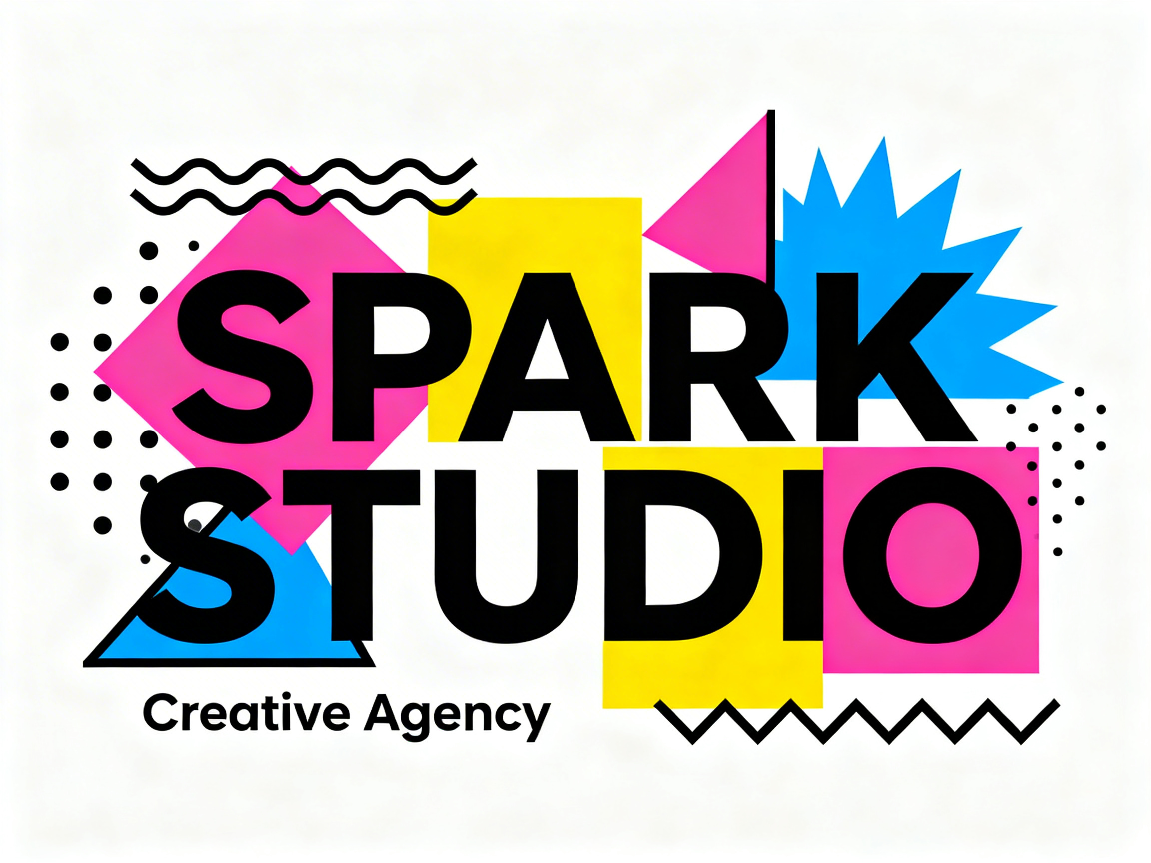 图中展示了一张具有孟菲斯设计风格的平面设计作品。画面中心是两行醒目的黑色粗体文字，上方为“SPARK”，下方为“STUDIO”，左下角还有一行较小的文字“Creative Agency”。背景由多种鲜艳的几何图形堆叠而成，包括明黄色的正方形、玫红色的菱形与三角形、天蓝色的锯齿状圆环和三角形。此外，画面中还穿插了黑色波浪线和波点阵列，整体色彩对比强烈，充满活力。

作为 AI 生成的图像，画面中存在明显的细节缺陷：在“STUDIO”一词中，字母“S”的左侧边缘出现了不自然的断裂和重叠，看起来像是由两个破碎的弧形强行拼接而成；字母“U”的左侧竖杠与背景的蓝色三角形边缘融合得不够自然，产生了一定的视觉干扰。此外，部分几何图形的边缘不够锐利，存在轻微的锯齿感，背景的白色区域也隐约可见一些不均匀的杂质纹理。