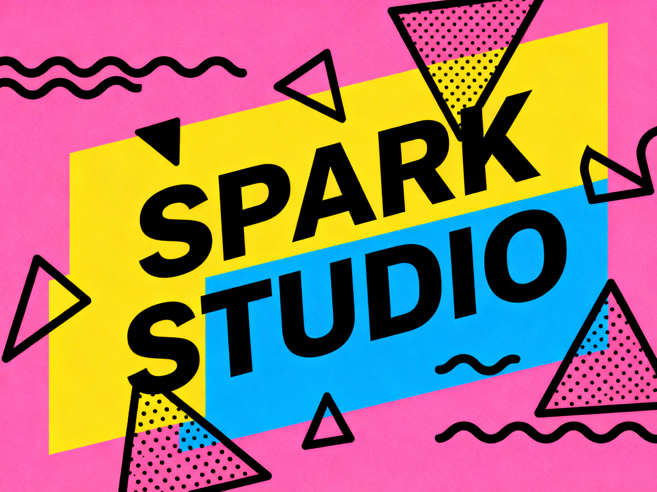 画面中是一张充满活力、采用孟菲斯设计风格的平面图形。背景由鲜艳的粉红色组成，中心位置有两个倾斜交叠的长方形色块：上方是亮黄色，下方是天蓝色。画面中央印有醒目的黑色大写字母“SPARK STUDIO”，字体厚实有力，略微向右上方倾斜。在文字周围散布着许多几何装饰元素，包括带有黑色波点填充的三角形、空心的黑色线框三角形，以及几条黑色的波浪线。整体色彩对比强烈，视觉效果非常活泼且具有现代感。作为一张 AI 生成的平面设计图，其文字拼写完全正确，构图平衡，但在细节上存在一些 AI 特有的不协调：例如右侧边缘的三角形线条交汇处略显生硬，且部分波点装饰在色块边缘的切割显得有些随机，缺乏人工设计的精确对齐感。