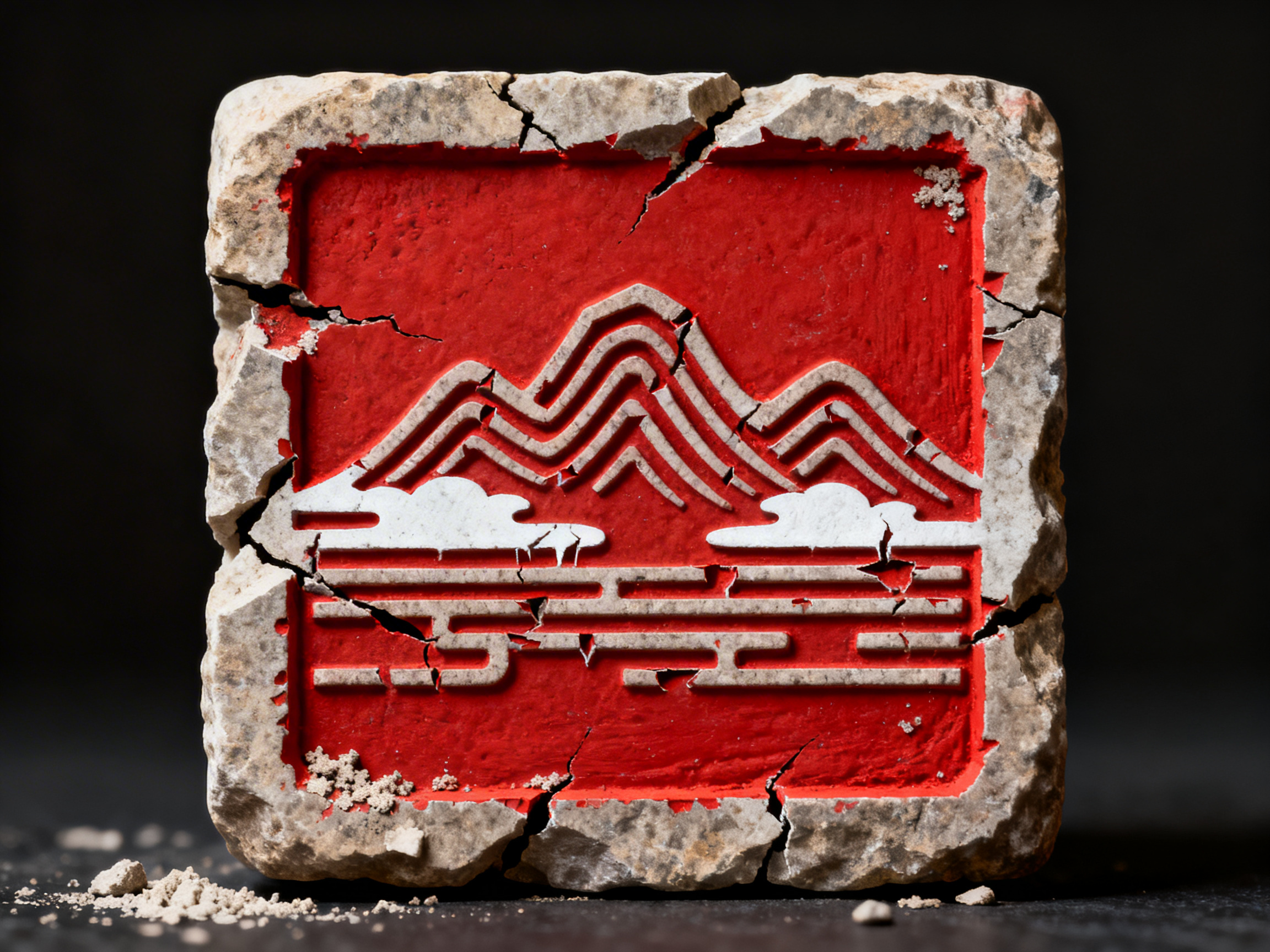图中展示了一个正方形的石质浮雕刻印，背景为纯黑色。石块呈现出古旧、破损的质感，边缘布满不规则的裂纹和缺口，底部散落着细小的石屑。石块中心是一个凹陷的红色方形区域，色泽鲜艳如朱砂，其上雕刻着简约的白色与浅灰色线条。图案上方是几座重叠的波浪形山峦，下方则是代表云雾或水流的水平横线，整体风格带有东方传统印章的韵味。

作为 AI 生成的图像，画面存在一些逻辑上的瑕疵：石块表面的裂纹分布过于均匀且刻意，部分裂缝在红色区域与灰色边缘的交界处衔接得不够自然，显得有些生硬。此外，红色区域内的纹理细节在放大后略显模糊，缺乏真实石材雕刻应有的物理受力痕迹，图案的线条边缘也存在轻微的像素溢出感。