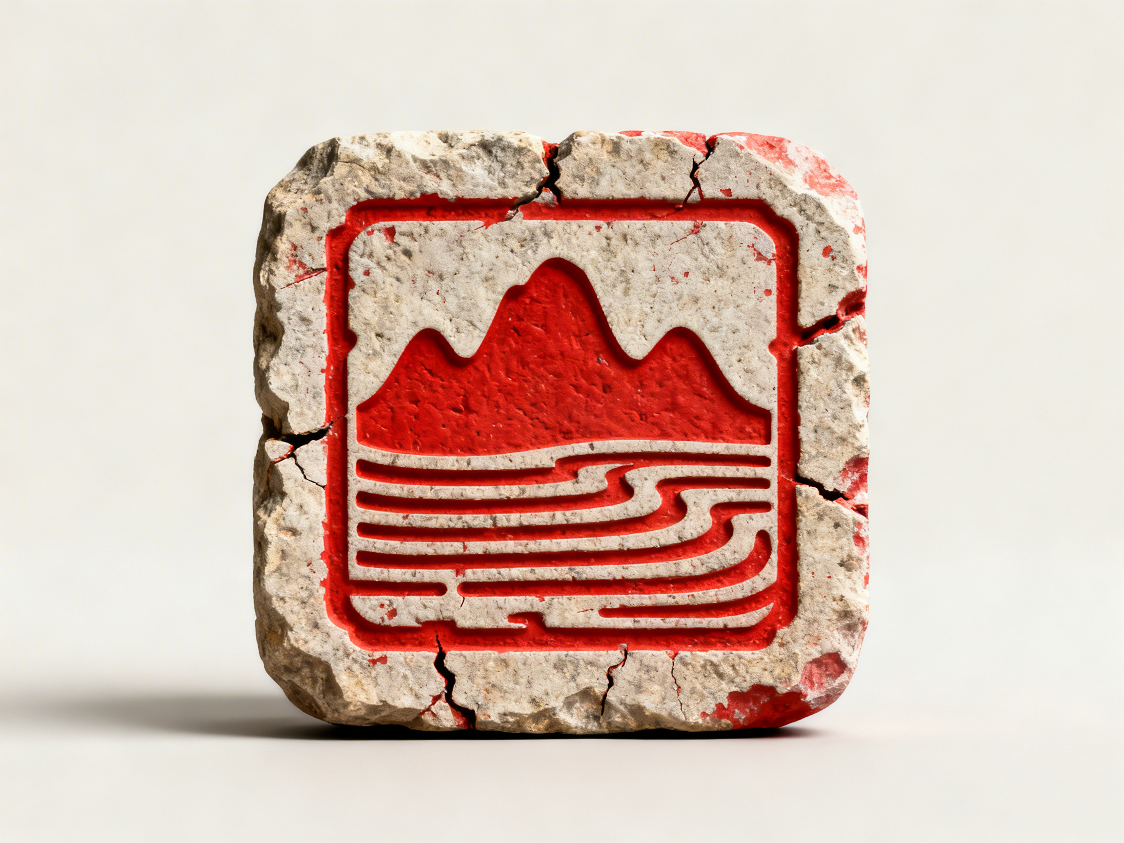 画面中展示了一个正方形的石质印章，它被放置在纯白色的背景中央。这块石头呈现出米灰色，质地粗糙且边缘有明显的破损和裂纹，散发出一种古旧的韵味。石头的正中心刻有一个红色的方形图案，图案内部由红色的凹陷线条勾勒出三座连绵的山峰，山脚下则是几条平行的波浪线，象征着流水或田野。整个红色区域呈现出朱砂般的质感，与斑驳的石材形成鲜明对比。

作为一张 AI 生成的图片，画面中存在一些逻辑上的瑕疵：石块边缘的裂纹分布显得过于刻意且不自然，部分裂缝在转折处出现了模糊的重叠。此外，红色图案边缘的雕刻深度在视觉上并不统一，左侧边框的线条在转折处显得有些生硬，缺乏真实手工雕刻的流畅感。整体构图简洁，光影从左上方投射，在石块右侧留下了一道柔和的阴影。