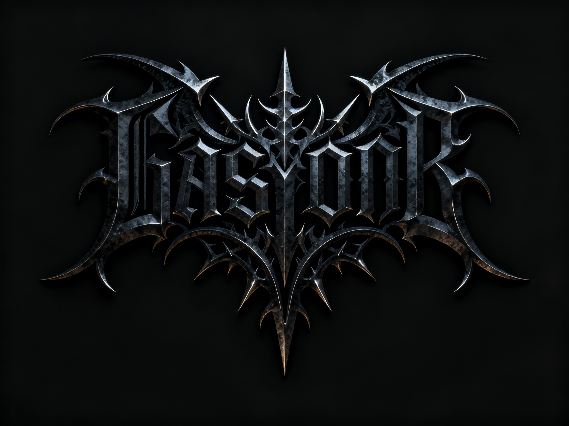 图中展示了一个极具视觉冲击力的重金属风格标志，背景为纯黑色，使主体显得格外冷峻。标志由深灰色的金属材质构成，表面带有斑驳的锈迹和磨损的纹理，呈现出一种古老且坚硬的质感。构图上采用中心对称设计，整体轮廓像是一只展翅的蝙蝠或带有尖刺的盾牌。中间是一组带有哥特风格的变体字母，看起来像是“EASYONR”，但字母形态高度抽象，边缘布满了锋利的倒钩、长刺和锯齿状突起。在标志的中心轴线上，有一个巨大的垂直尖刺向下延伸，上方则装饰着类似皇冠或脊椎骨的复杂结构。作为 AI 生成的图像，其明显的缺陷在于文字的可读性极差，字母之间的连接逻辑混乱，部分尖刺的透视关系不够严谨，左右两侧的细微装饰元素并非完全对称，呈现出一种随机生成的无序感。