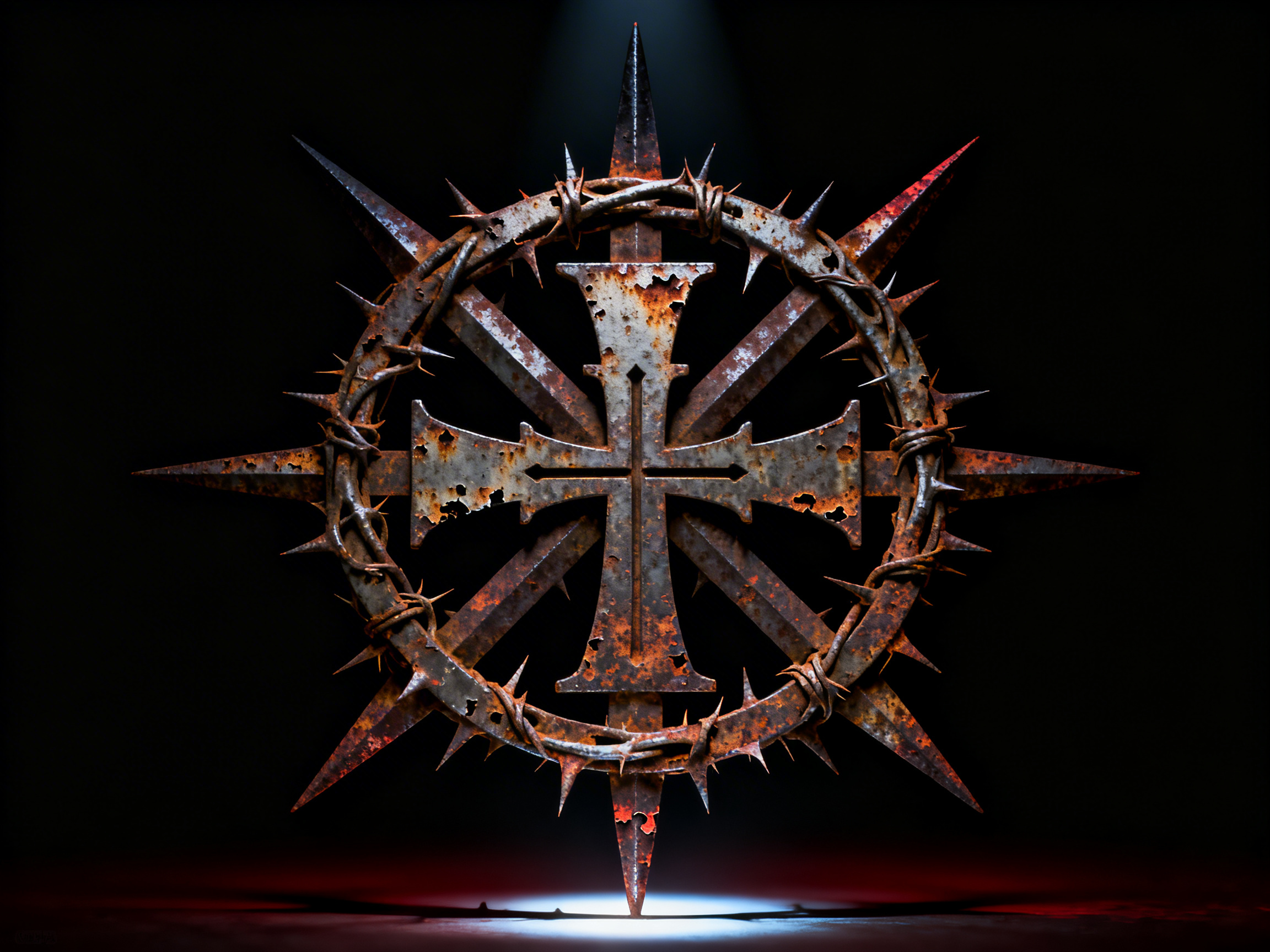 图中展示了一个充满宗教与哥特风格的金属符号，悬浮在漆黑的背景中。主体是一个巨大的、锈迹斑斑的铁制十字架，其形状结合了马耳他十字与八角星的特征，边缘锐利且带有尖刺。十字架表面布满了红褐色的铁锈和剥落的痕迹，显得陈旧而沉重。一个由带刺铁丝网缠绕而成的圆环套在十字架外围，增加了压抑与受难的视觉感受。一束冷白色的顶光从上方照射下来，在地面上投射出清晰的阴影，营造出庄严而神秘的氛围。

在 AI 生成的细节方面，画面存在一些逻辑缺陷：首先，铁丝网的缠绕路径在局部显得混乱，部分尖刺的生长方向不符合物理结构，甚至凭空出现；其次，十字架中心的细线刻痕在交汇处并不完全对称，且金属表面的锈蚀纹理在某些边缘处显得过于模糊，缺乏真实的厚度感；最后，底部尖端与地面的接触点透视略显生硬，阴影的边缘处理也显得有些不自然。