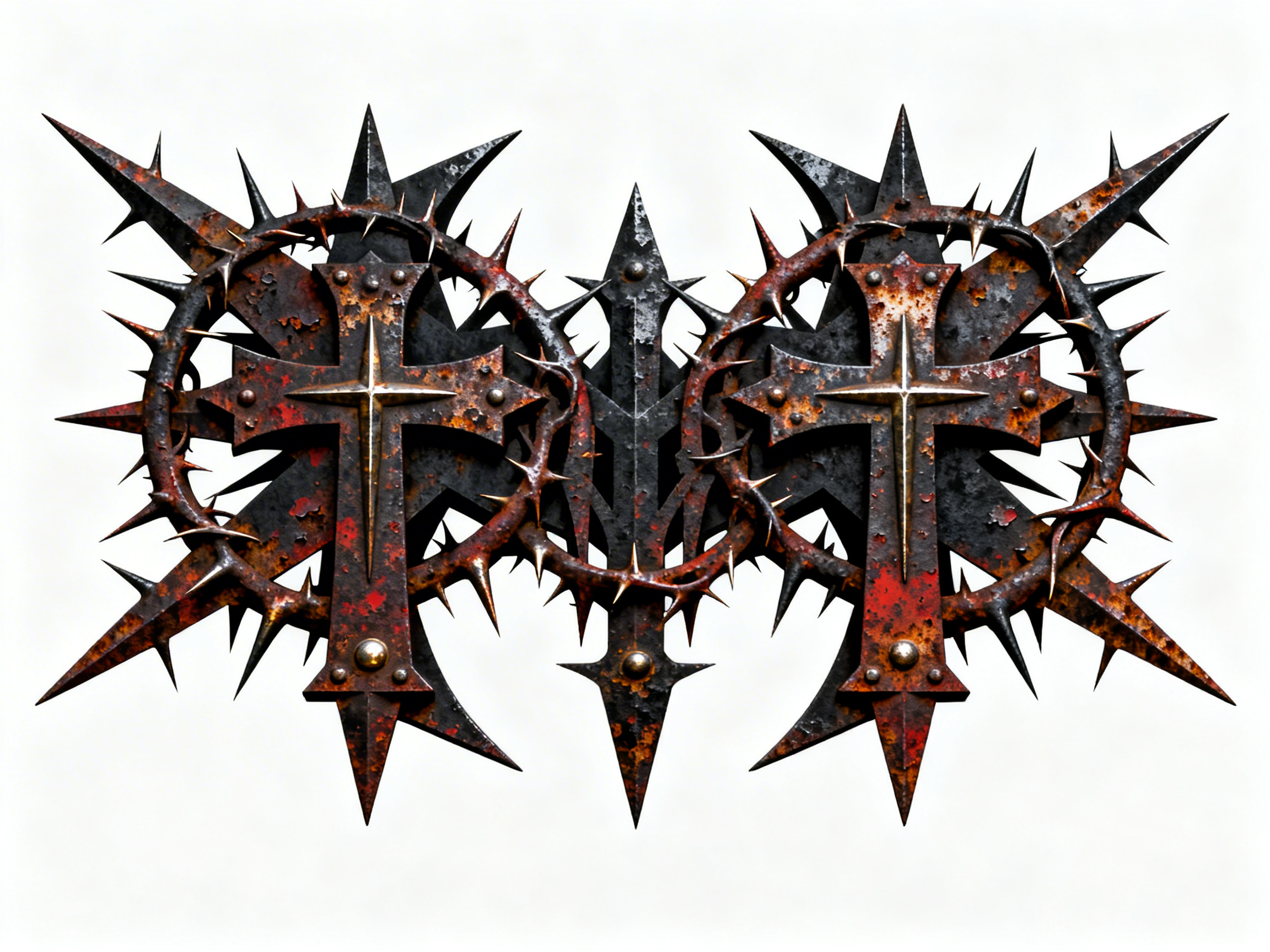 图中展示了一个具有重金属或哥特风格的对称金属标志，背景为纯白色。该标志由两个生锈的深色金属十字架组成，左右各一，中间由一个尖锐的箭镞状结构连接。整个构图被交织的荆棘环绕，荆棘上布满了锋利的尖刺。金属表面呈现出斑驳的铁锈红、深灰色和黑色，质感粗糙且带有磨损痕迹。十字架中心镶嵌着较细的金色十字装饰，底部有圆形的铆钉。整体设计充满了尖锐的棱角，散发出一种冷酷、压抑且带有宗教暗喻的视觉氛围。在 AI 生成的细节方面，画面存在明显的透视和逻辑异常：左右两个十字架虽然大致对称，但细看其边缘的尖刺分布并不一致；中间连接处的荆棘线条显得杂乱且不连贯，部分尖刺像是凭空生长出来，缺乏合理的物理支撑结构；此外，金属表面的锈迹分布在放大后显得有些模糊，缺乏真实的金属腐蚀纹理。