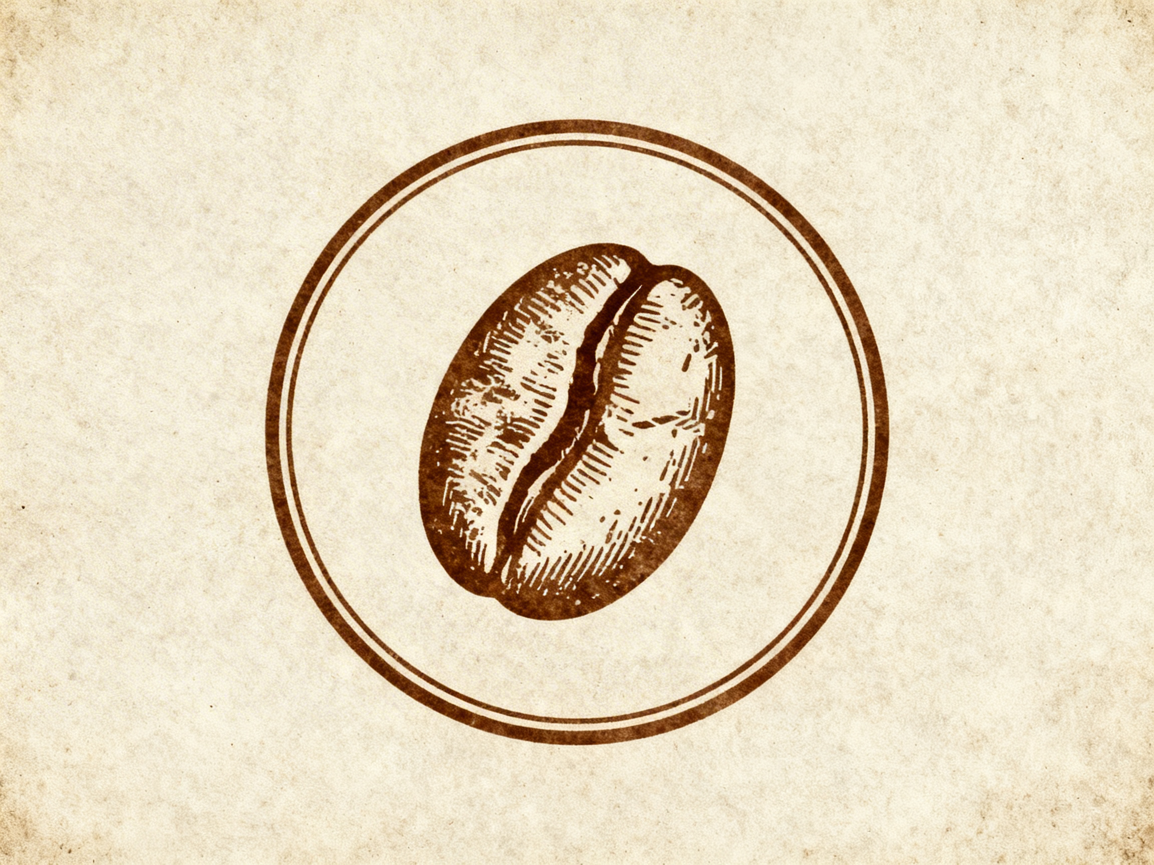 图中展示了一张具有复古质感的咖啡主题插画。画面背景是带有米黄色调和细微斑驳纹理的旧纸张效果，给人一种怀旧、温暖的感觉。在画面的正中央，有一个由深褐色双圆环组成的圆形边框，边框内绘制了一颗巨大的咖啡豆。这颗咖啡豆采用了类似木刻版画或素描的艺术风格，通过密集的深褐色线条来表现光影明暗和咖啡豆表面的褶皱质感。咖啡豆呈斜向摆放，中间有一条明显的裂缝。

从 AI 生成的角度观察，这张图片整体构图非常对称且简洁，但在细节处存在一些不自然的特征：咖啡豆表面的排线虽然模拟了手绘感，但部分线条的走向略显杂乱，缺乏真实的结构逻辑；此外，圆形边框的线条粗细在某些弧度位置显得不够均匀，带有轻微的锯齿感或抖动痕迹。尽管如此，这些微小的瑕疵在整体复古风格的掩盖下并不突兀，成功营造出了一种手作咖啡品牌的标志感。