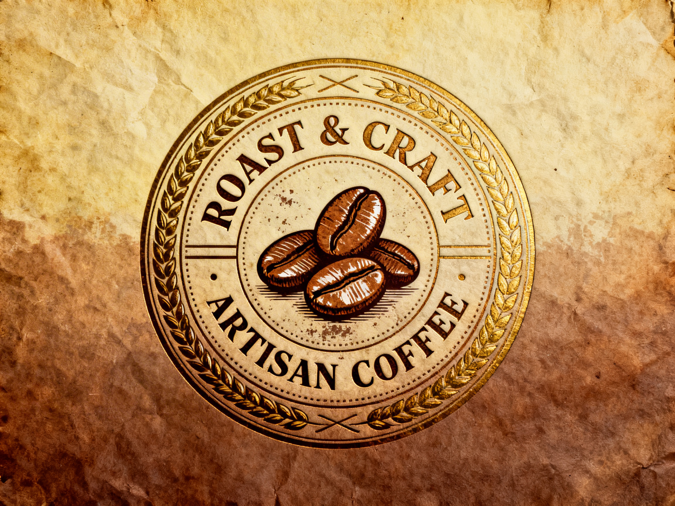 图中展示了一个复古风格的圆形咖啡品牌徽标，背景是带有褶皱和污渍质感的旧羊皮纸。徽标整体采用深棕色和金色的色调，中心绘有四颗饱满的烘焙咖啡豆，咖啡豆表面带有光泽感。徽标的圆环内圈印有黑色的英文字体，上方写着“ROAST & CRAFT”，下方写着“ARTISAN COFFEE”，文字排列呈弧形。圆环的最外层由金色的麦穗纹样环绕，增强了手工工艺的视觉感。

在 AI 生成的细节方面，画面存在一些明显的逻辑瑕疵：徽标左右两侧的水平分割线并不对称，左侧线条较短且末端模糊，右侧线条则直接穿过了内圈圆环。此外，最外圈的麦穗纹样在顶部和底部的交叉处显得有些杂乱，线条重叠不够自然。背景纸张的明暗过渡略显生硬，尤其是左侧深褐色污渍的边缘处理带有明显的数字合成痕迹。