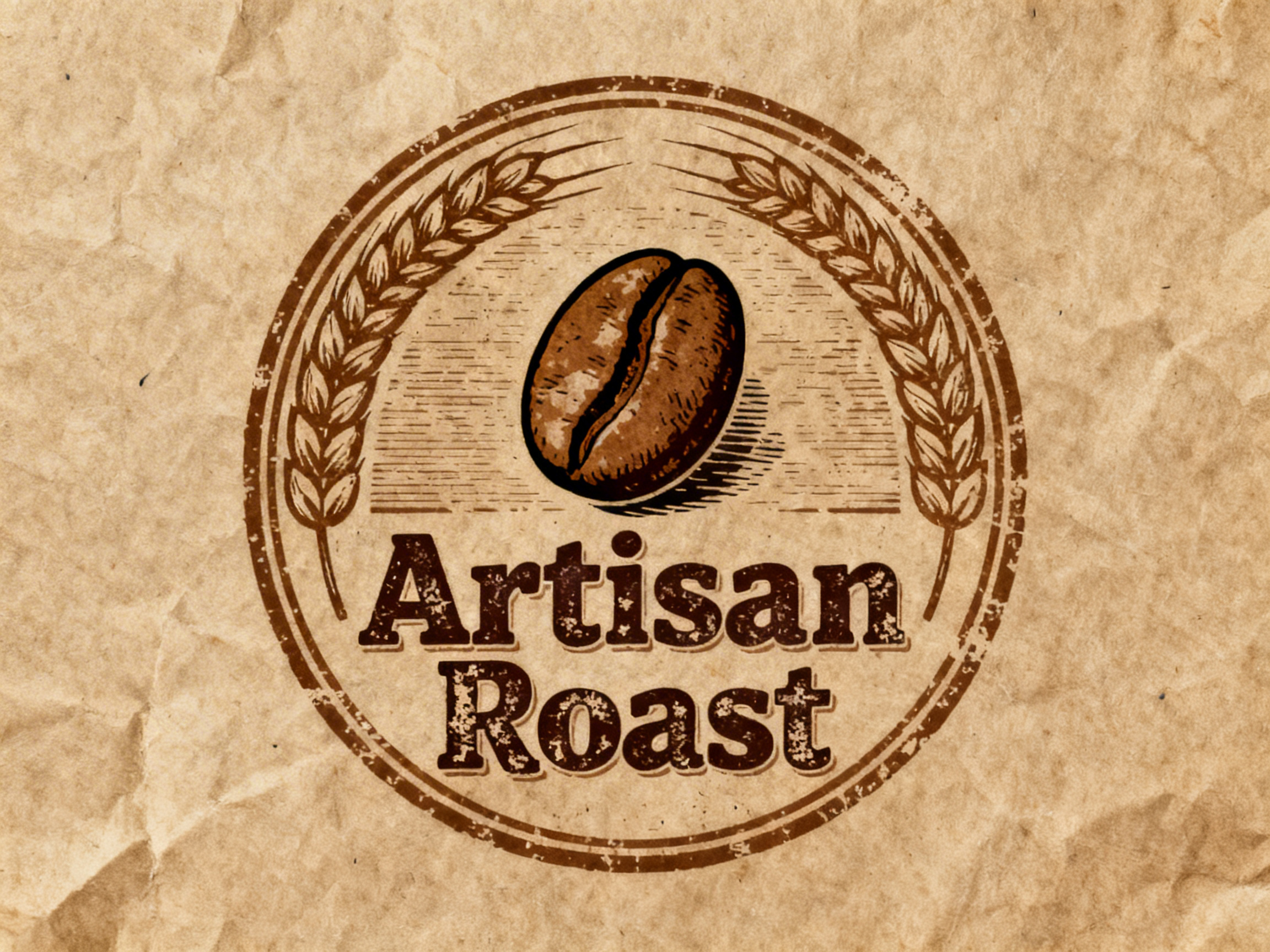 图中展示了一个具有复古风格的圆形咖啡品牌标志，背景是带有褶皱纹理的浅褐色牛皮纸。标志中心是一颗倾斜的深褐色咖啡豆，刻画细致，带有写实的阴影效果。咖啡豆上方环绕着两束对称的麦穗，构成一个半圆形的边框。标志下方印有粗体衬线字体的“Artisan Roast”字样，整体采用了深褐色的单色调，并带有斑驳的做旧印章质感。

在 AI 生成的细节方面，画面存在一些逻辑上的不一致：首先，麦穗通常与面粉或啤酒相关，出现在咖啡标志中显得有些突兀。其次，仔细观察可以发现，左右两侧的麦穗纹理并不完全对称，线条在圆环边缘处显得有些破碎和杂乱。此外，背景纸张的褶皱阴影与标志本身的磨损纹理在透视上略显生硬，缺乏自然的融合感，文字边缘的斑驳效果在局部也显得过于规律。