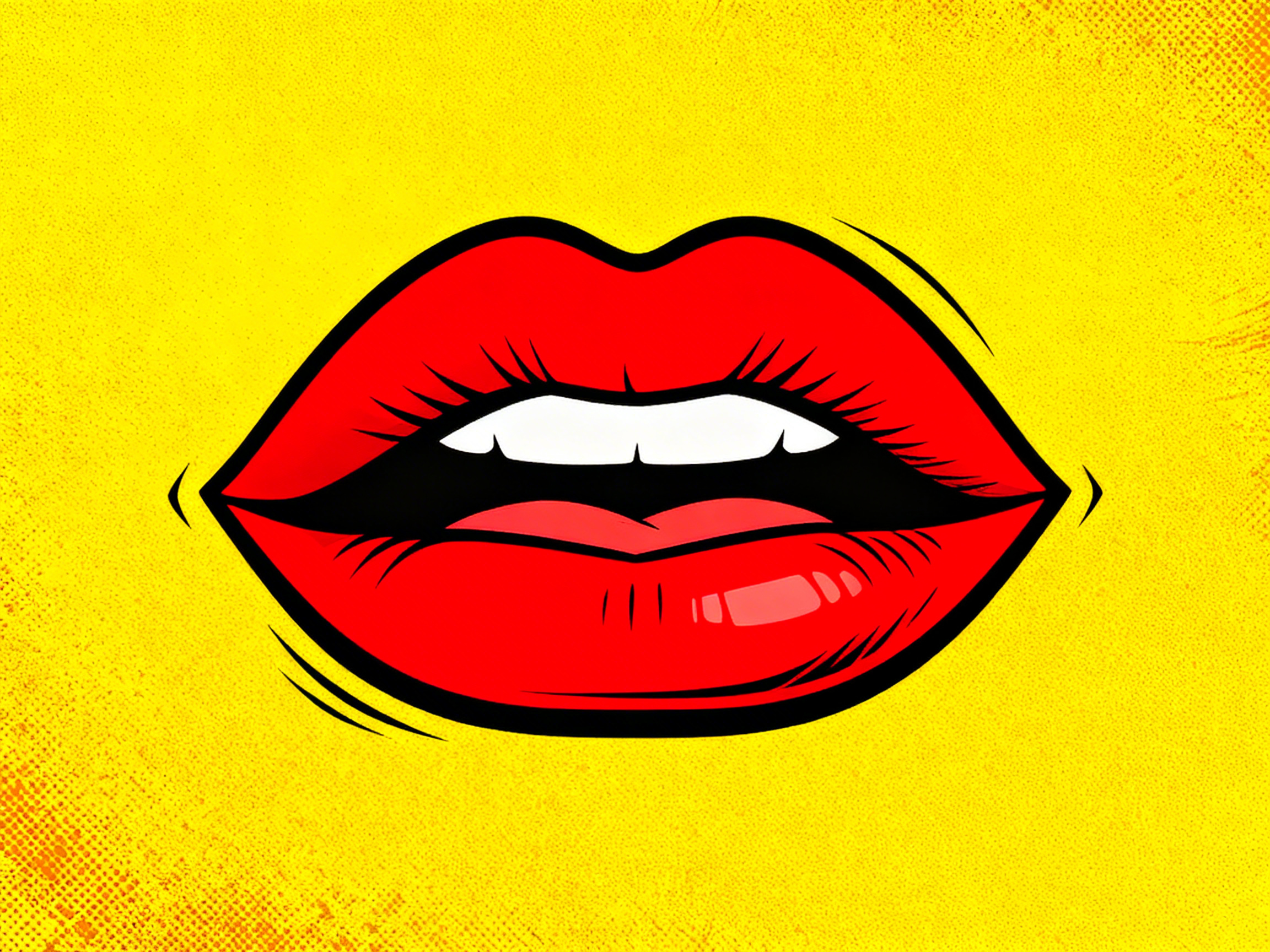 图中展示了一张具有强烈波普艺术风格的嘴唇插画。画面中心是一双涂着鲜艳大红唇膏的嘴唇，微微张开，露出上排洁白的牙齿和内部红色的舌头。嘴唇线条粗犷黑亮，带有典型的漫画勾边感，下唇上有几道白色的高光，模拟出水润的光泽。背景是明亮的纯黄色，带有细微的颗粒质感，左下角和右上角分布着橙色的半色调网点，增强了复古印刷品的视觉效果。

在 AI 生成的细节方面，存在一些逻辑和结构上的异常：首先是牙齿的构造，上排牙齿看起来像是一个整体的白色块，缺乏清晰的单颗牙齿界限，且形状左右不对称，显得不够自然。其次，嘴唇内部的舌头线条略显生硬，与牙齿的衔接处透视关系模糊。此外，嘴唇周围用于表现动感的黑色弧线分布较为随意，缺乏明确的结构支撑。