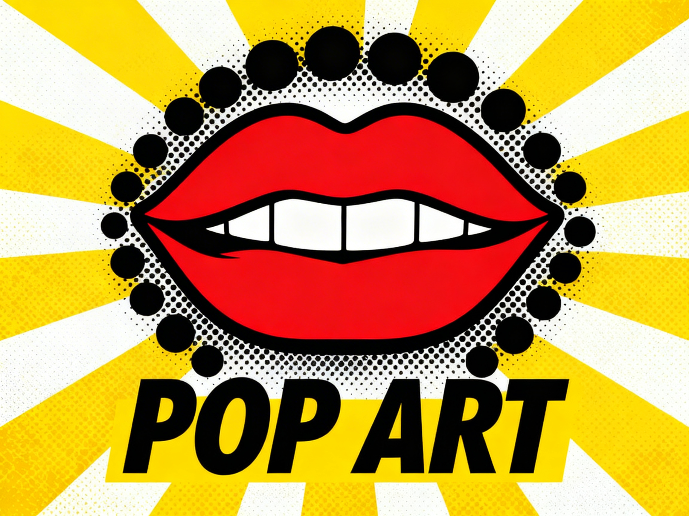图中展示了一张具有鲜明波普艺术风格的插画。画面中心是一张涂着鲜艳大红色口红的嘴唇，略微张开，露出四颗整齐洁白的门牙。嘴唇四周环绕着一圈由大到小的黑色实心圆点，并伴有波普艺术典型的半色调网点阴影。背景由亮黄色与白色相间的放射状条纹组成，营造出强烈的视觉冲击力。画面下方有黑色加粗的英文字体“POP ART”。在 AI 生成的细节方面，存在明显的逻辑缺陷：嘴唇内部的牙齿结构过于简化且透视不对称，左侧嘴角处出现了一段多余的黑色线条，破坏了轮廓的连贯性；此外，环绕嘴唇的黑色圆点排列并不均匀，部分圆点形状不规则，且背景的放射状条纹在边缘处有轻微的模糊和噪点，显示出 AI 在处理矢量风格线条时的不稳定性。