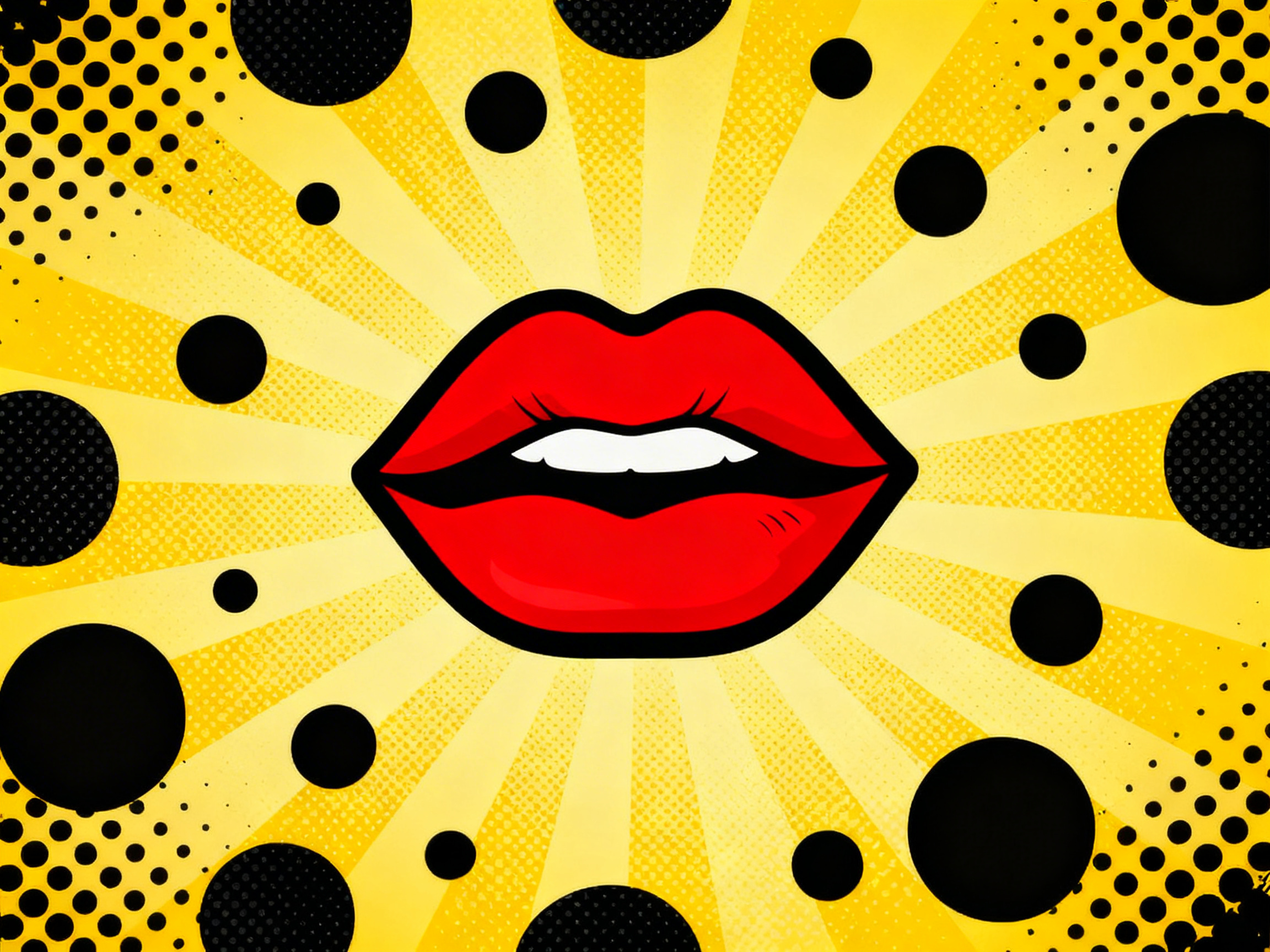 图中展示了一幅具有鲜明波普艺术风格的插画。画面中心是一双涂着鲜艳正红色口红的嘴唇，微微张开，露出上排洁白的牙齿。嘴唇线条粗犷，带有黑色边缘勾勒，呈现出强烈的漫画感。背景以明亮的黄色为主基调，由中心向四周放射出深浅交替的黄色光芒，营造出一种动感和冲击力。画面四周散布着大小不一的黑色实心圆点，部分圆点呈现出半色调网点效果，这是波普艺术的典型元素。在 AI 生成的细节方面，可以观察到一些逻辑上的细微瑕疵：上唇内部的阴影线条分布略显生硬，且牙齿的形状过于简化，缺乏自然的生理结构。此外，背景放射线的交汇点与嘴唇的中心位置略有偏移，导致视觉重心稍显不稳。整体色调饱和度极高，视觉效果非常醒目。