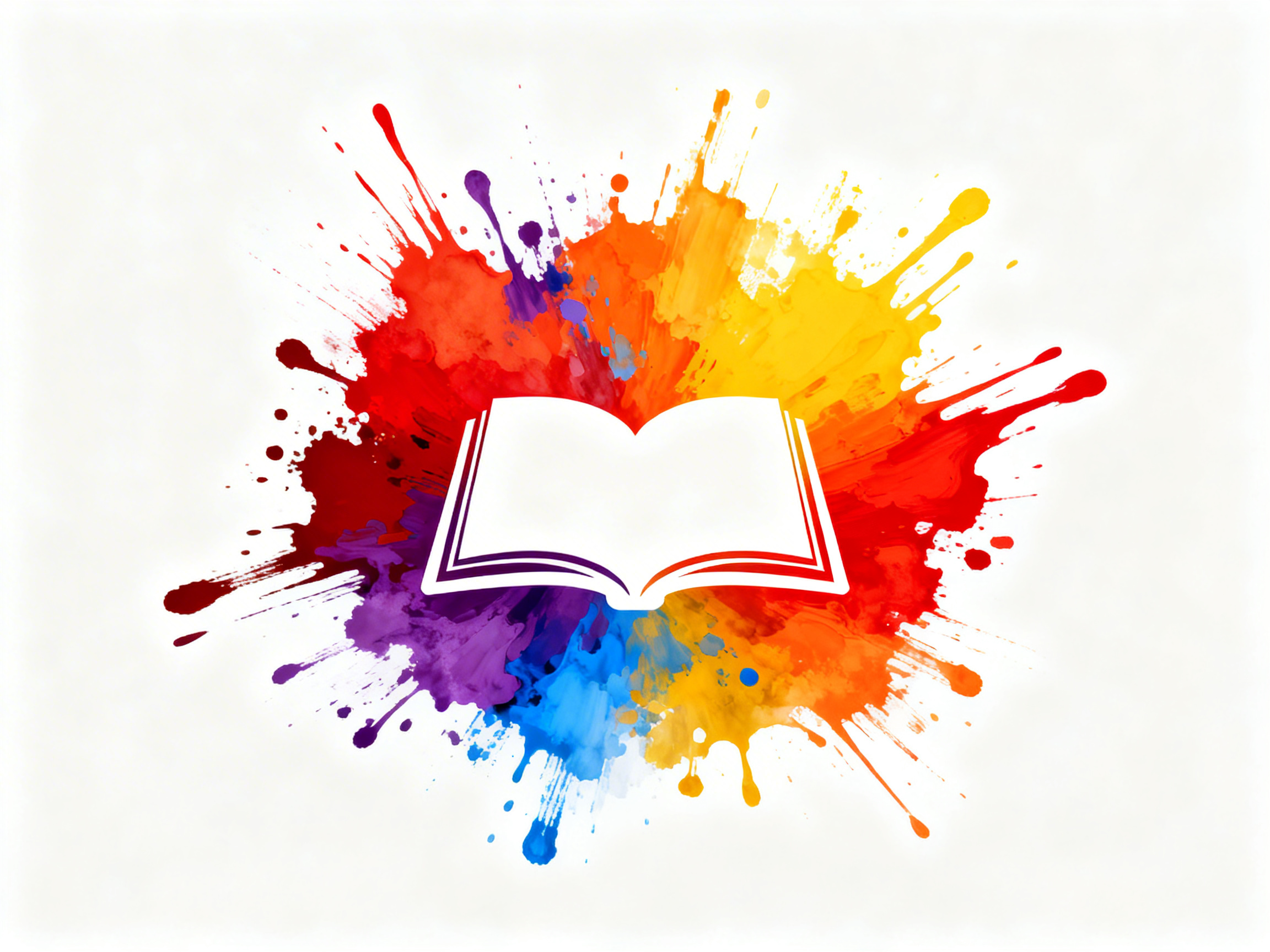 画面中，在纯白色的背景中央，有一个由鲜艳色彩构成的喷溅状艺术图案。图案的中心是一个白色极简风格的翻开书本图标，书页呈现出简洁的几何线条。书本图标的后方是呈放射状散开的多彩颜料，包含了鲜红色、明黄色、深紫色和天蓝色，色彩交织在一起，并伴有许多细小的墨点和流淌的滴痕，营造出一种充满创意和活力的视觉冲击感。构图上，主体居中，色彩由中心向四周扩散。在 AI 生成的细节方面，可以观察到书本图标底部的线条并不完全对称，左侧书页边缘的线条略显生硬且厚度不均，与右侧的弧度存在细微的透视偏差。此外，背景的纯白色边缘处有轻微的噪点，颜料喷溅的纹理在局部显得有些模糊，缺乏真实油彩的厚重质感。