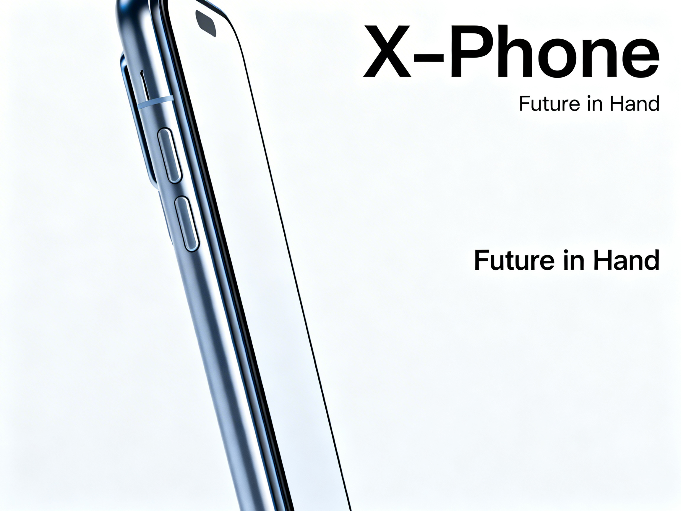 图中展示了一张极简风格的智能手机宣传海报。画面左侧是一个呈斜向角度摆放的手机侧影，机身呈现出冷峻的银蓝色金属质感，侧边分布着细长的音量键和静音拨杆。手机屏幕部分完全留白，与纯白色的背景融为一体，营造出一种通透、干净的科技感。画面右侧配有黑色文字，上方是大号字体的“X-Phone”，下方紧跟着较小字体的标语“Future in Hand”。

在 AI 生成的细节方面，画面存在明显的逻辑缺陷：首先，右侧的标语“Future in Hand”在画面中下部莫名其妙地重复出现了一次，布局显得突兀且不协调。其次，手机顶部的传感器区域（类似“灵动岛”设计）形状不够规整，且与边框的透视衔接略显生硬。此外，手机侧边的按键细节处理较为模糊，缺乏真实工业产品的精密感。整体构图虽然简洁，但重复的文字元素暴露了 AI 在排版逻辑上的局限。