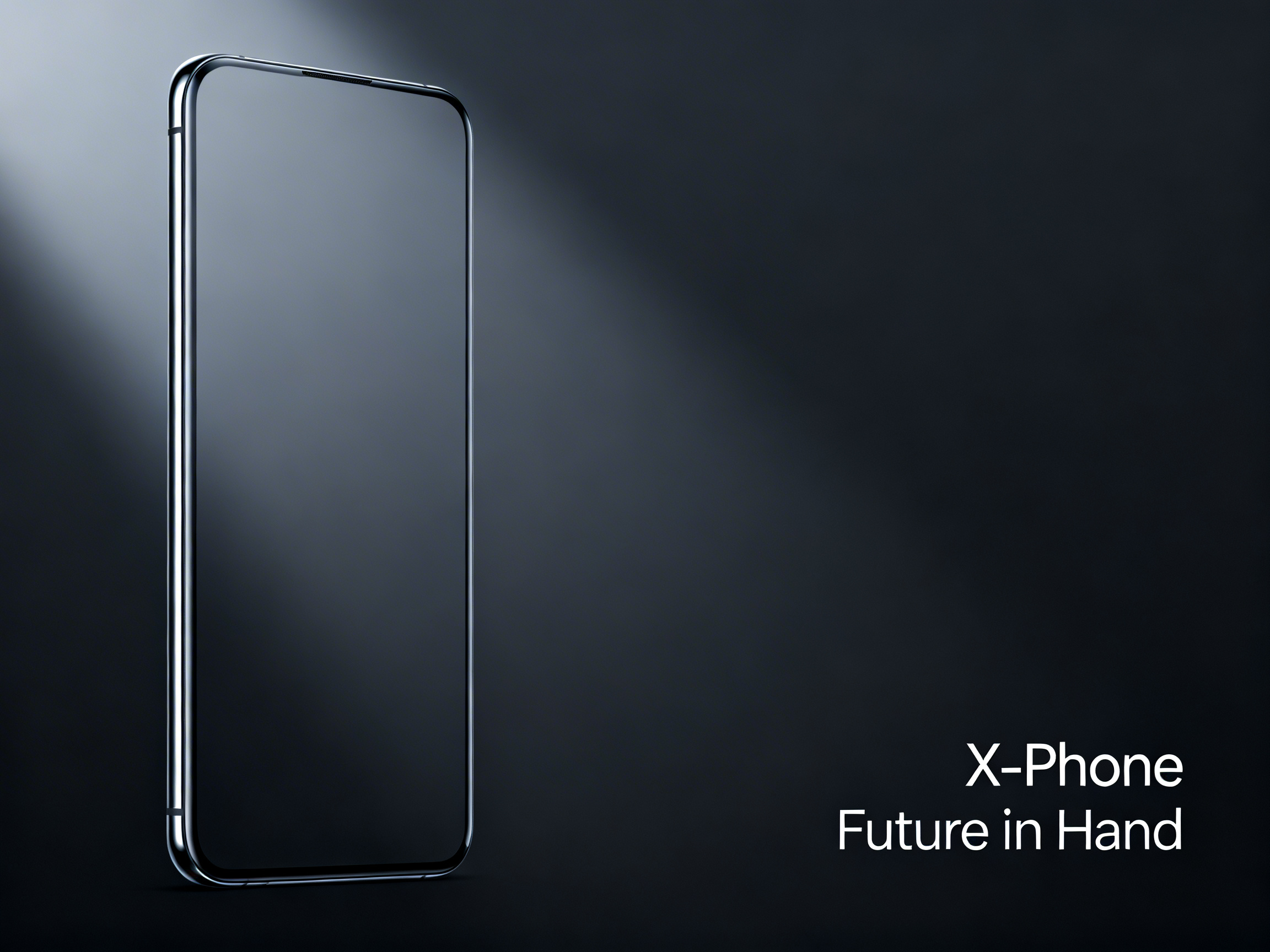 图中展示了一张极简风格的智能手机产品宣传海报。画面左侧立着一部拥有超窄边框和大圆角的全面屏手机，机身呈现出深灰色的金属质感，侧边带有明亮的银色高光。手机屏幕漆黑，反射着微弱的光影。背景为深沉的暗灰色，左上方有一束柔和的冷白色光线斜射而下，照亮了手机的顶部边缘，营造出一种高端、科技的氛围。右下角印有白色的无衬线字体，写着“X-Phone”和“Future in Hand”。

在 AI 生成的细节方面，存在一些明显的物理逻辑缺陷：手机顶部的听筒开孔显得过于粗糙且不对称，与整体精致的工业设计不符；手机底部的转角处，边框的线条出现了不自然的断裂和重叠，导致结构看起来不够连贯。此外，手机的透视角度略显生硬，左侧边框的厚度在视觉上显得有些单薄，缺乏真实物体的立体厚度感。