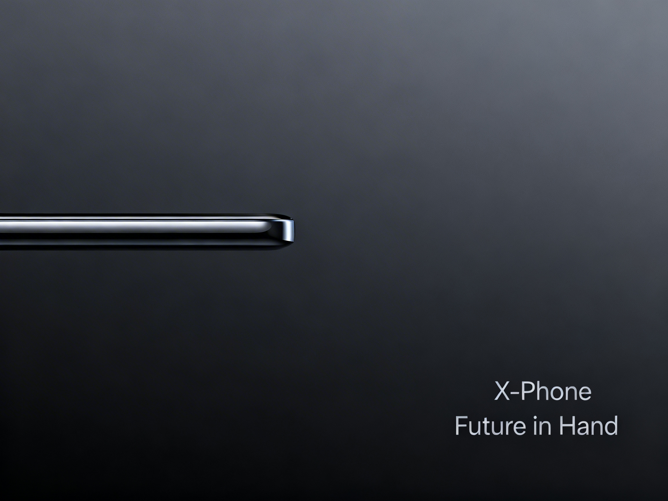 图中展示了一张极简风格的科技产品宣传海报。背景是深灰色的渐变磨砂质感，光影从右上角柔和地洒向左下角。画面左侧中部，一根具有金属光泽的纤细长条水平伸出，其末端呈现圆润的弧形，表面反射着明亮的白光，暗示这是一款极其轻薄的智能手机侧边。右下角排列着两行简洁的白色无衬线字体，上方是产品名称“X-Phone”，下方是宣传语“Future in Hand”。

从 AI 生成的角度来看，画面整体构图非常规整，但在细节上存在一些逻辑缺陷。最明显的问题在于左侧的手机机身：它看起来像是一个悬浮在空中的孤立金属杆，缺乏完整的结构支撑，且末端的反光切面略显生硬，不符合真实工业设计的物理透视。此外，背景的噪点分布在极深色区域略显不均，文字虽然清晰，但与背景的融合度略显生硬，缺乏真实摄影中的微小光晕效果。