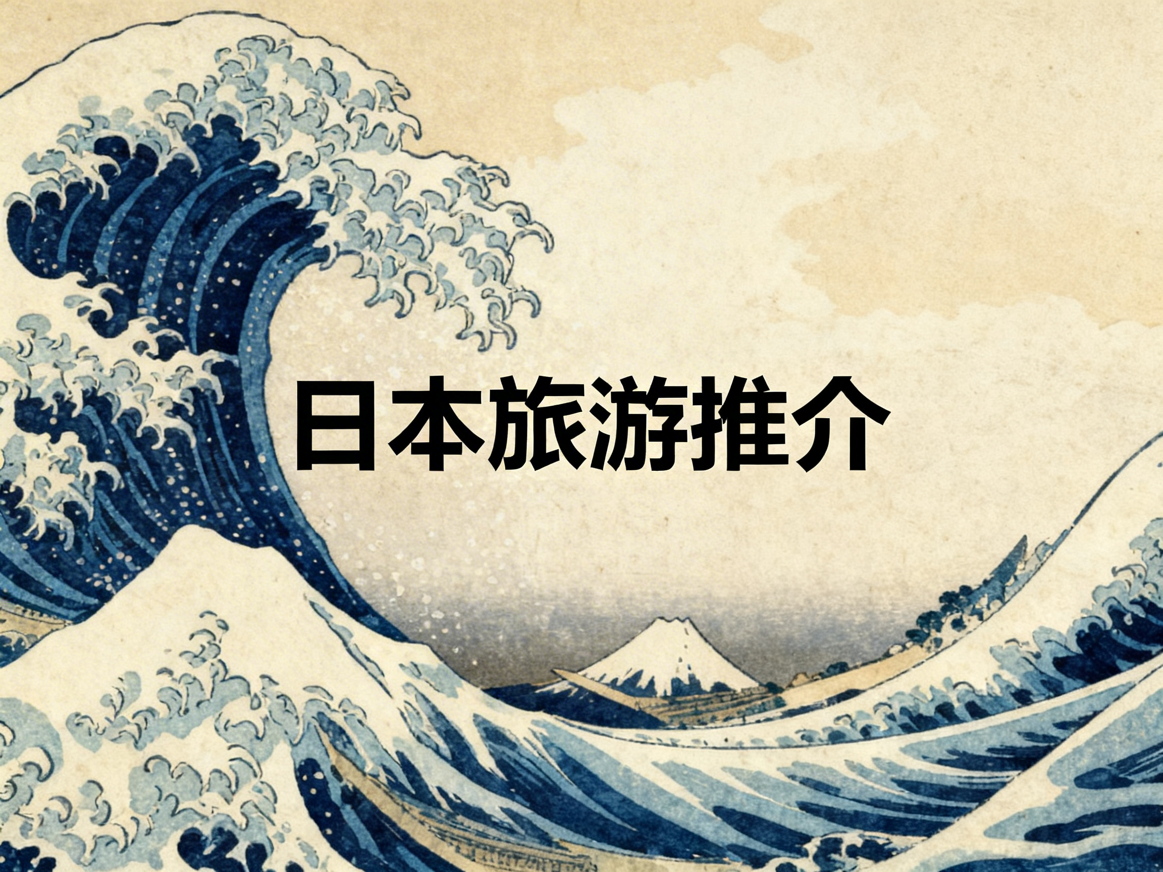 图中展示了一幅模仿日本著名浮世绘《神奈川冲浪里》风格的画作。画面左侧是一道巨大的蓝色海浪，浪尖翻滚着如鹰爪般的白色泡沫，气势磅礴。远景处可以看到标志性的富士山，山顶覆盖着白雪，静静伫立在海平线上。背景采用了复古的淡黄色调，呈现出旧纸张的质感。画面正中央叠加了六个醒目的黑色简体中文字：“日本旅游推介”。

在 AI 生成的细节方面，虽然整体构图较好地还原了原作的神韵，但存在明显的元素缺失和逻辑异常。首先，原作中在巨浪中穿行的三条木船在图中完全消失了，使得画面显得有些空旷。其次，右下角的小浪花线条处理较为生硬，缺乏浮世绘特有的流畅感。此外，中央的黑色文字与背景的古朴风格在视觉上略显突兀，文字边缘过于锐利，未能与画作的纹理自然融合。