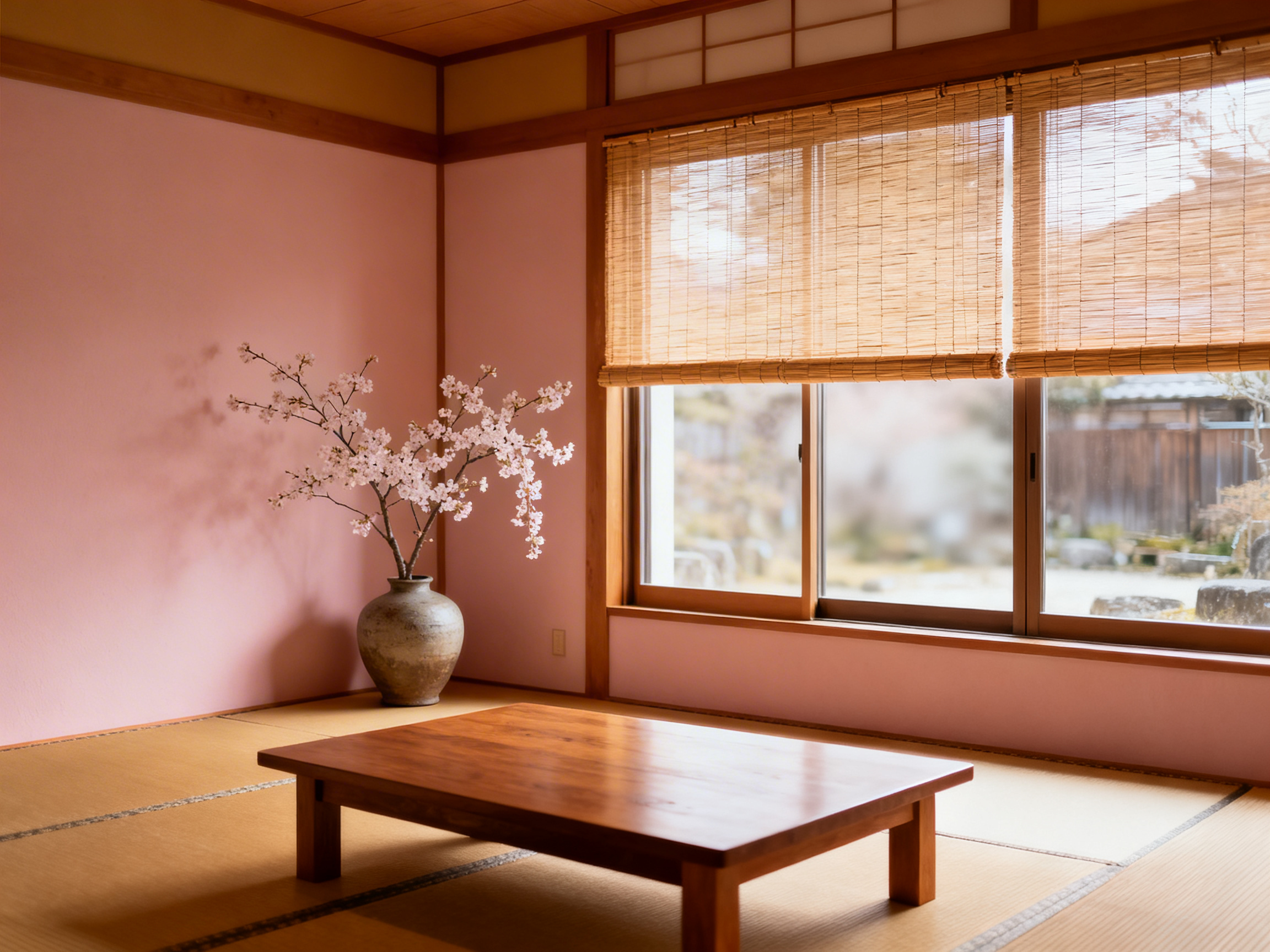 图中展示了一个充满禅意的日式和室空间，整体色调温润柔和。房间铺着浅黄色的榻榻米，中心摆放着一张深木色的矮方桌。左侧淡粉色的墙角处，一个古朴的陶罐里插着几枝盛开的粉白色樱花，花影投射在墙上，增添了静谧感。右侧是一扇宽大的木框玻璃推拉窗，上方垂挂着半卷的竹帘，透过窗户可以看到模糊的庭院景色。光线从右侧均匀洒入，营造出宁静舒适的氛围。

在 AI 生成的细节方面，存在一些明显的逻辑缺陷：首先，窗户上方的竹帘结构异常，两块帘子的交界处衔接生硬，且卷起的厚度不一致。其次，窗框的轨道线条在右侧显得模糊且不连贯。最明显的是榻榻米上的黑色接缝线条，它们在桌子下方和右侧边缘出现了不自然的断裂和透视偏离，未能形成规整的矩形网格。此外，樱花枝干与陶罐瓶口的结合处细节略显模糊。