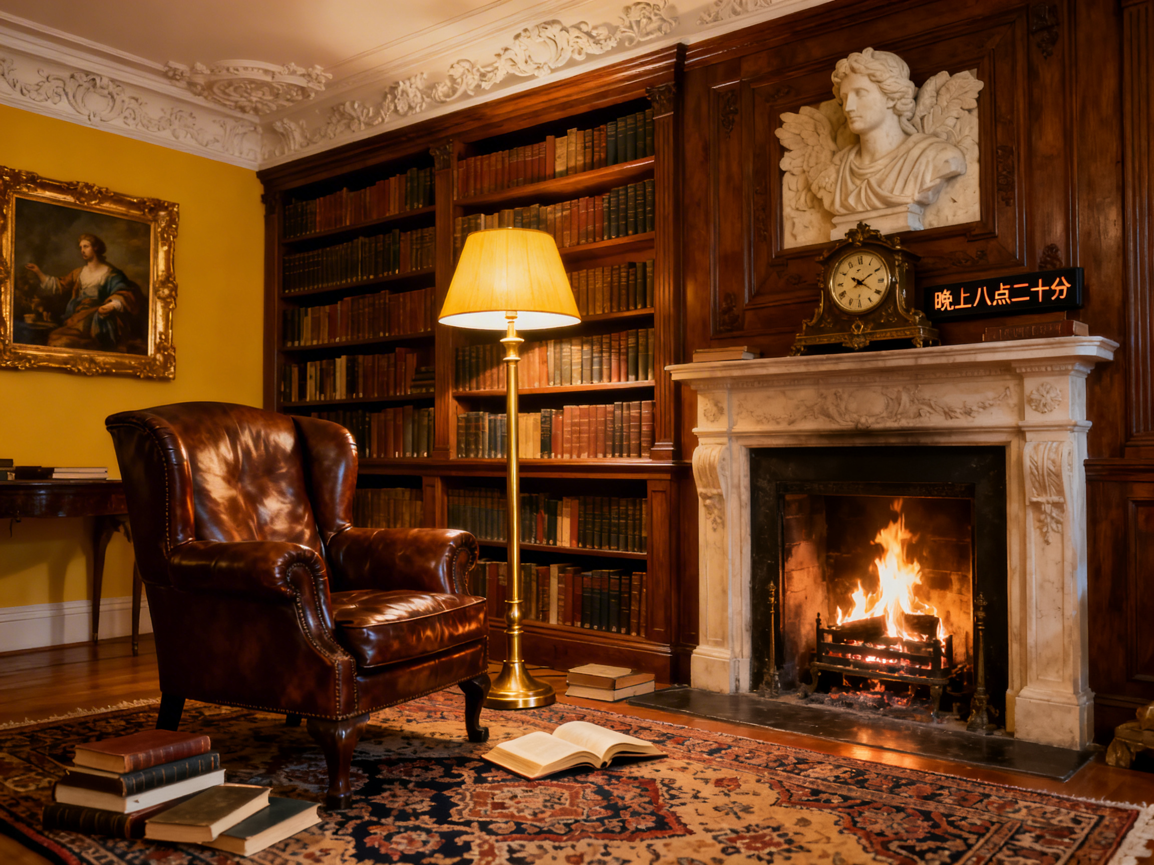 图中展现了一个充满古典气息且温馨的私人书房。画面左侧是一把深棕色的皮质翼背扶手椅，质感油亮，前方地毯上散落着几本书。背景是一整面深木色的书架，摆满了排列整齐的旧书。画面中心有一盏散发着暖黄色灯光的落地灯。右侧是一个白色大理石壁炉，炉火正旺，上方装饰着精美的天使浮雕和一座古董座钟。整体色调以暖棕、金黄为主，营造出宁静的阅读氛围。

然而，画面中存在明显的 AI 生成缺陷：首先，壁炉上方的黑色电子屏显示着中文“晚上八点二十分”，这与整体古典欧式的风格极不协调，且文字边缘略显生硬。其次，座钟的表盘刻度模糊且不符合逻辑，指针指向的时间与电子屏并不一致。此外，落地灯底座与地毯的接触面透视略显漂浮，左侧墙上挂画的人物面部细节也较为模糊，缺乏真实油画的笔触感。
