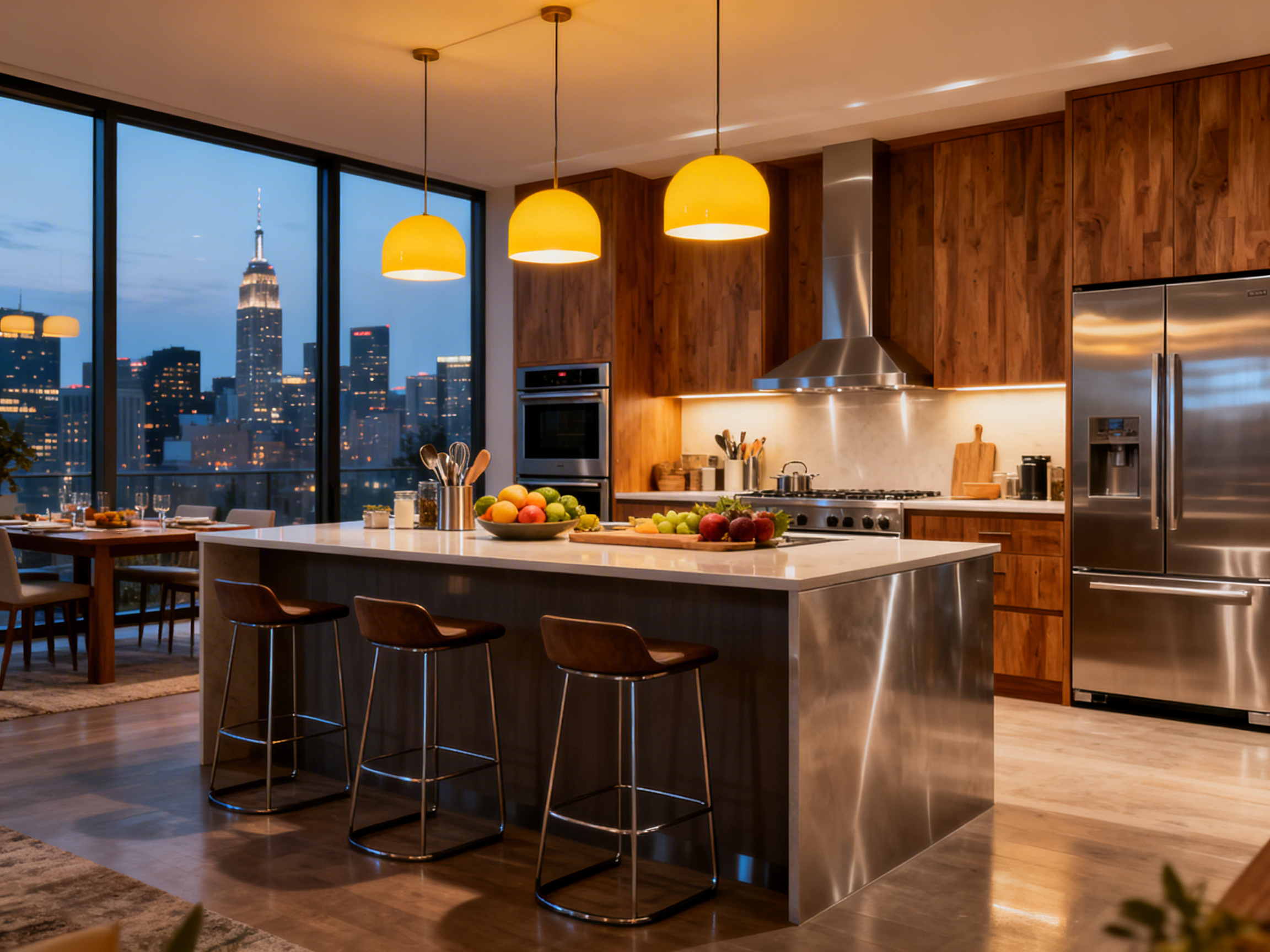 图中展示了一间现代奢华的开放式厨房，正值傍晚时分，巨大的落地窗外是灯火辉煌的城市天际线，可以清晰辨认出帝国大厦。室内灯光温暖，三盏鲜黄色的半球形吊灯悬挂在宽大的大理石中岛台上方。厨房配备了深色木质橱柜、不锈钢冰箱和专业的嵌入式厨具。中岛台上摆放着新鲜的水果篮和餐具，旁边配有三把深棕色的高脚皮质吧台椅。

画面中存在明显的 AI 生成缺陷：最左侧的吊灯电线连接逻辑混乱，似乎凭空消失或未连接到天花板中心；中岛台下方的吧台椅腿部线条与地面接触处显得模糊且透视略有扭曲；窗外远处的建筑灯光细节有些重叠和虚化；此外，冰箱表面的金属反射光影与室内实际光源的位置不完全吻合，显得有些生硬。整体构图虽然美观，但部分物体的边缘处理略显不自然。
