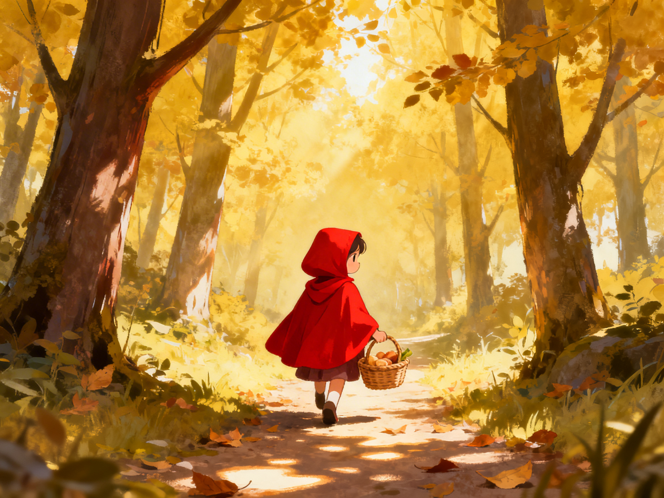 图中展现了一个充满童话色彩的秋日森林场景。画面中心是一个身穿鲜红色连帽斗篷的小女孩，也就是经典形象“小红帽”。她正背对着镜头，提着一个装满食物的竹篮，漫步在铺满落叶的林间小路上。整个画面的色调以明亮的金黄色和橙色为主，阳光穿透茂密的金色树叶，形成柔和的光晕和斑驳的树影，营造出一种温暖、宁静的氛围。画风类似于手绘插画，笔触柔和且富有质感。

在 AI 生成的细节方面，存在一些明显的逻辑缺陷：小女孩右手提着的篮子手柄与手部的连接方式显得模糊且不自然，手指的结构不够清晰。此外，路面上光影的分布虽然美观，但与树木的实际位置并不完全对应，部分光斑呈现出不规则的漂浮感。尽管如此，画面整体的构图平衡，成功捕捉到了秋天森林的梦幻感。