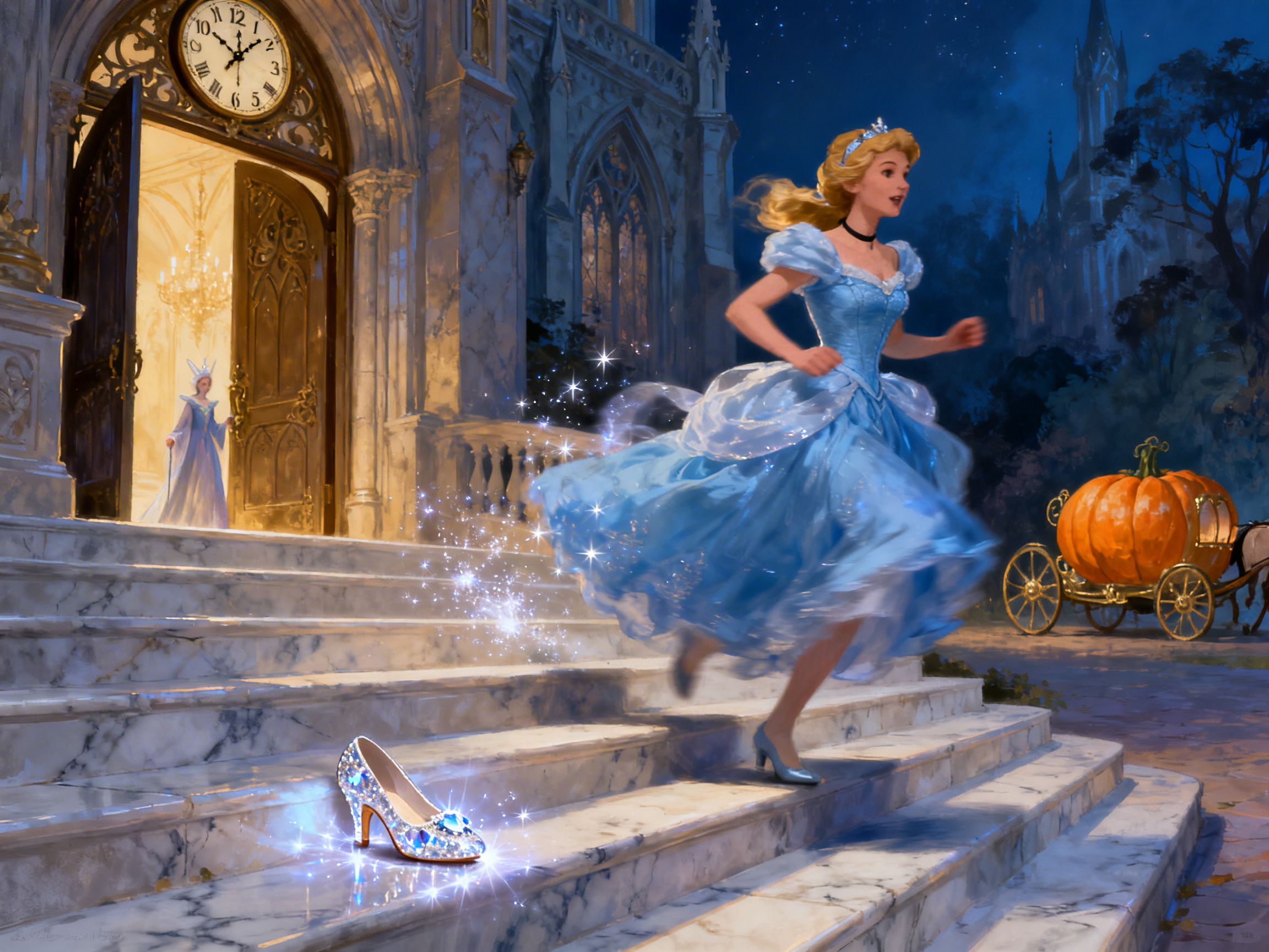 图中描绘了经典童话《灰姑娘》中辛德瑞拉在午夜匆忙离开城堡的瞬间。画面中心，灰姑娘身着华丽的浅蓝色蓬松礼裙，正向右侧奔跑，裙摆随风飘动并散发着点点星光。她身后的大理石台阶上，一只闪烁着璀璨蓝光的玻璃鞋被遗落。背景左侧是宏伟的哥特式城堡大门，透出温暖的金光，门上方悬挂着一只巨大的圆钟，指针正指向午夜十二点。右侧背景中停放着一辆巨大的南瓜马车，夜空呈深蓝色，点缀着微弱星光。

在 AI 生成的细节方面，存在一些明显的逻辑与结构缺陷：首先，灰姑娘在奔跑时，虽然台阶上留有一只鞋，但她双脚上似乎都还穿着浅蓝色的鞋子，这与“遗落一只鞋”的情节相矛盾。其次，左侧大门内的女性角色比例异常，显得过于矮小。此外，城堡大门上方的圆钟刻度混乱，罗马数字排列不规范且模糊不清。灰姑娘的右手手指线条模糊，缺乏清晰的关节结构，呈现出 AI 绘画常见的肢体细节处理不当。