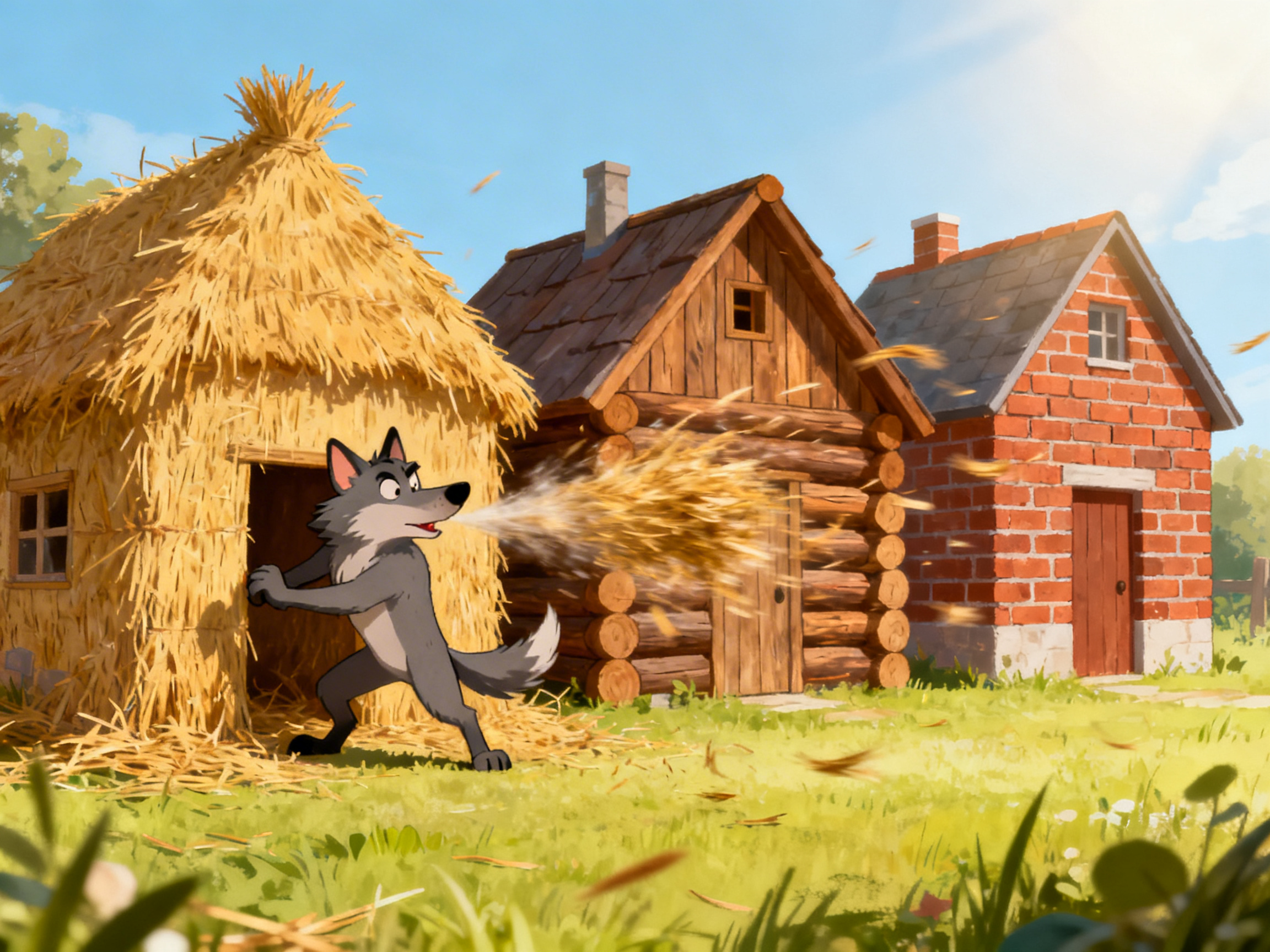 图中展现了一个基于童话《三只小猪》创作的卡通场景。画面左侧是一只灰色的卡通大灰狼，它正扎着马步，双手抓着草屋的门框，鼓起腮帮子向右方用力吹气，口中喷出的白色气流夹杂着碎草。背景中并排排列着三座房子：最左边是金黄色的茅草屋，中间是深褐色的圆木屋，最右边是红砖砌成的砖房。阳光从右上方洒下，草地呈现出明亮的嫩绿色，整体色调活泼明快。

在 AI 生成的细节方面存在一些明显的逻辑缺陷：大灰狼正抓着草屋的门框，但它吹气的方向却是背对着草屋，朝向右侧的木屋和砖房，这与它试图吹倒草屋的动作意图相矛盾。此外，大灰狼左手的抓握姿势显得有些生硬，指关节结构模糊；远处的砖房在透视上略显扁平，且屋顶烟囱的衔接处不够自然。尽管如此，画面依然生动地传达了经典故事的氛围。