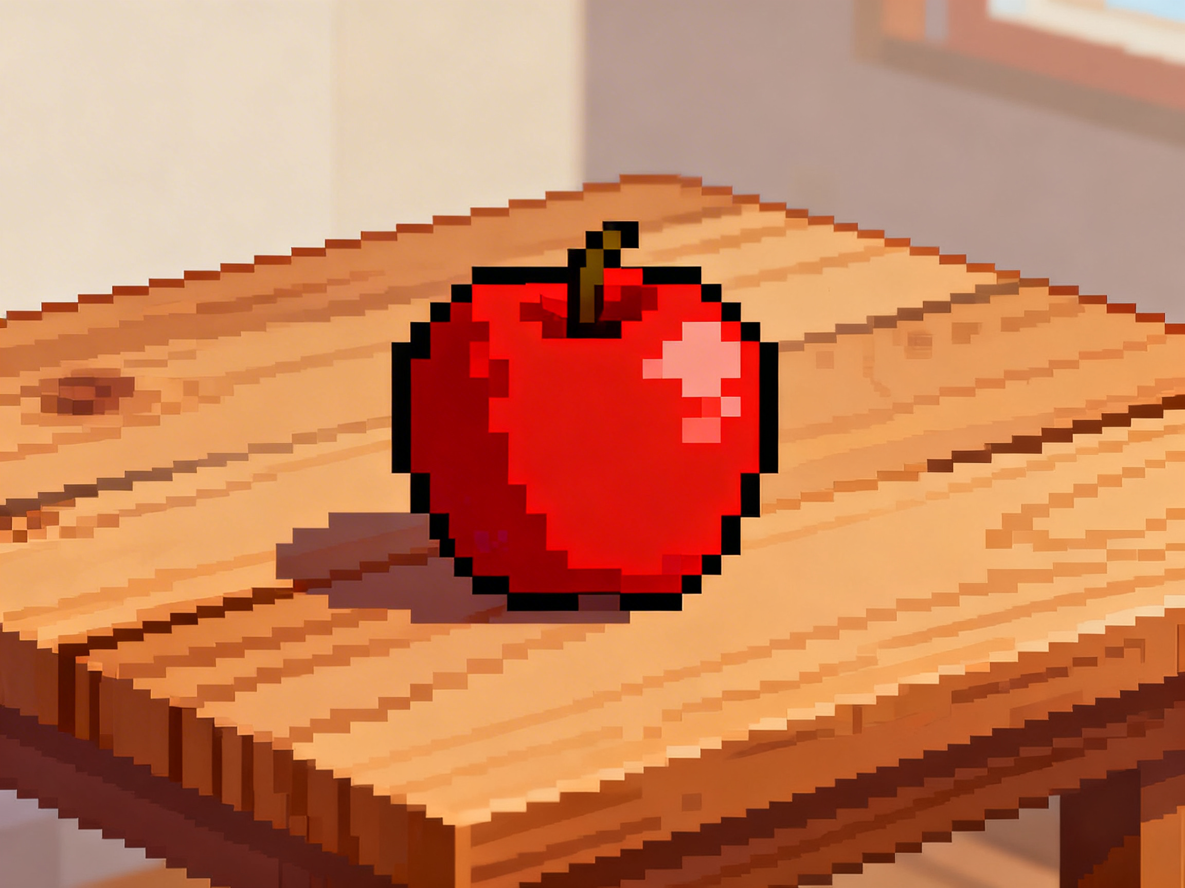 图中展示了一个采用像素画风格（Pixel Art）创作的红苹果，它静静地放置在一张浅棕色的木质方桌中央。苹果呈现出鲜艳的红色，带有黑色的粗像素轮廓，顶部有一根深褐色的短柄，右侧通过浅粉色的像素块表现出受光后的高光效果。桌子由多块木板拼成，纹理清晰，左侧投射出苹果的深色阴影。背景是模糊的室内场景，色调柔和温暖。

在 AI 生成的细节方面，画面存在明显的逻辑矛盾：苹果本身是带有锯齿边缘的低分辨率像素风格，但它下方的木桌和背景却使用了高分辨率的平滑涂抹风格，这种两种画风的强行拼接显得不够自然。此外，苹果左侧的阴影形状较为生硬，与苹果圆润的外轮廓并不完全契合，且木桌边缘的像素阶梯感在透视上略显混乱，未能保持统一的像素网格对齐。